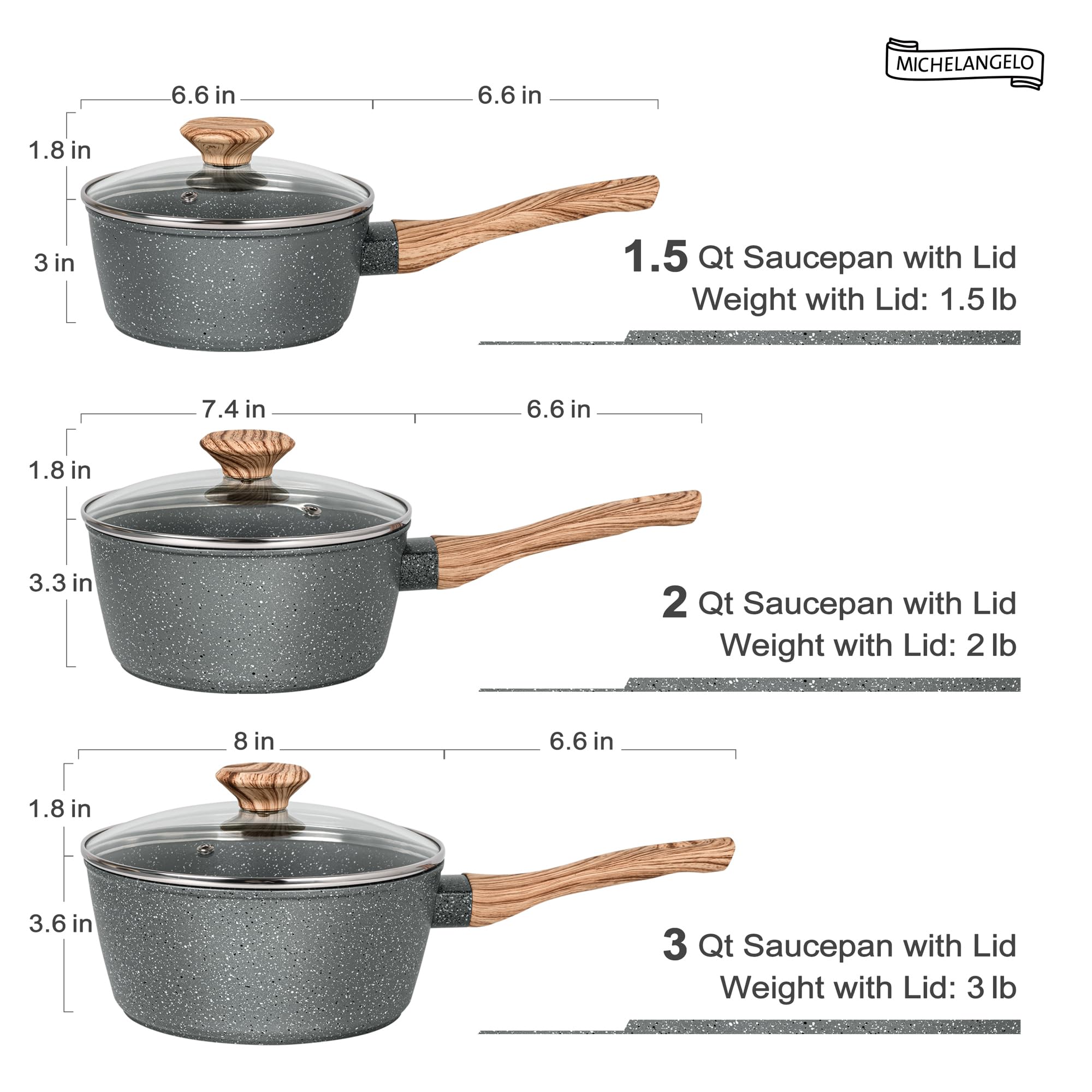 MICHELANGELO Nonstick Sauce Pan Set with Lid - 1.5QT, 2QT & 3QT Granite Coated Cookware (3-Piece, Gray) - Perfect for Cooking Sauces, Soups, Stews & Pasta | Stovetop & Oven Safe