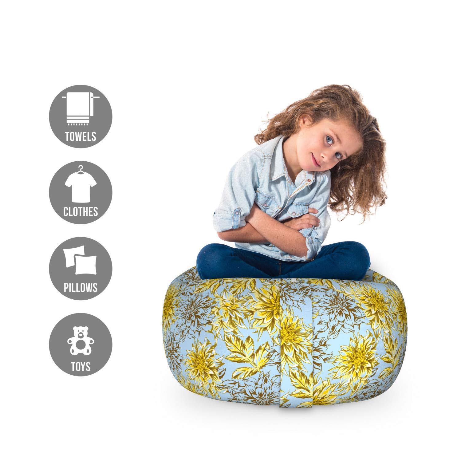 Ambesonne Floral Storage Toy Bag Chair - High Detail Fluffy Yellow Dahlias Stuffed Animal Organizer, Washable Small Size Pale Blue & Yellow - Perfect for Kids' Room, Nursery Organization & Toy Storage
