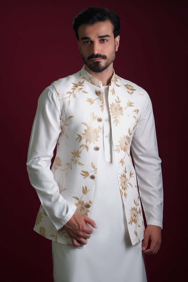 Elegant Ghalib Off White & Gold Embroidered Waistcoat Set for Men | Premium Formal Vest with Intricate Embroidery | Perfect for Weddings, Parties & Special Occasions