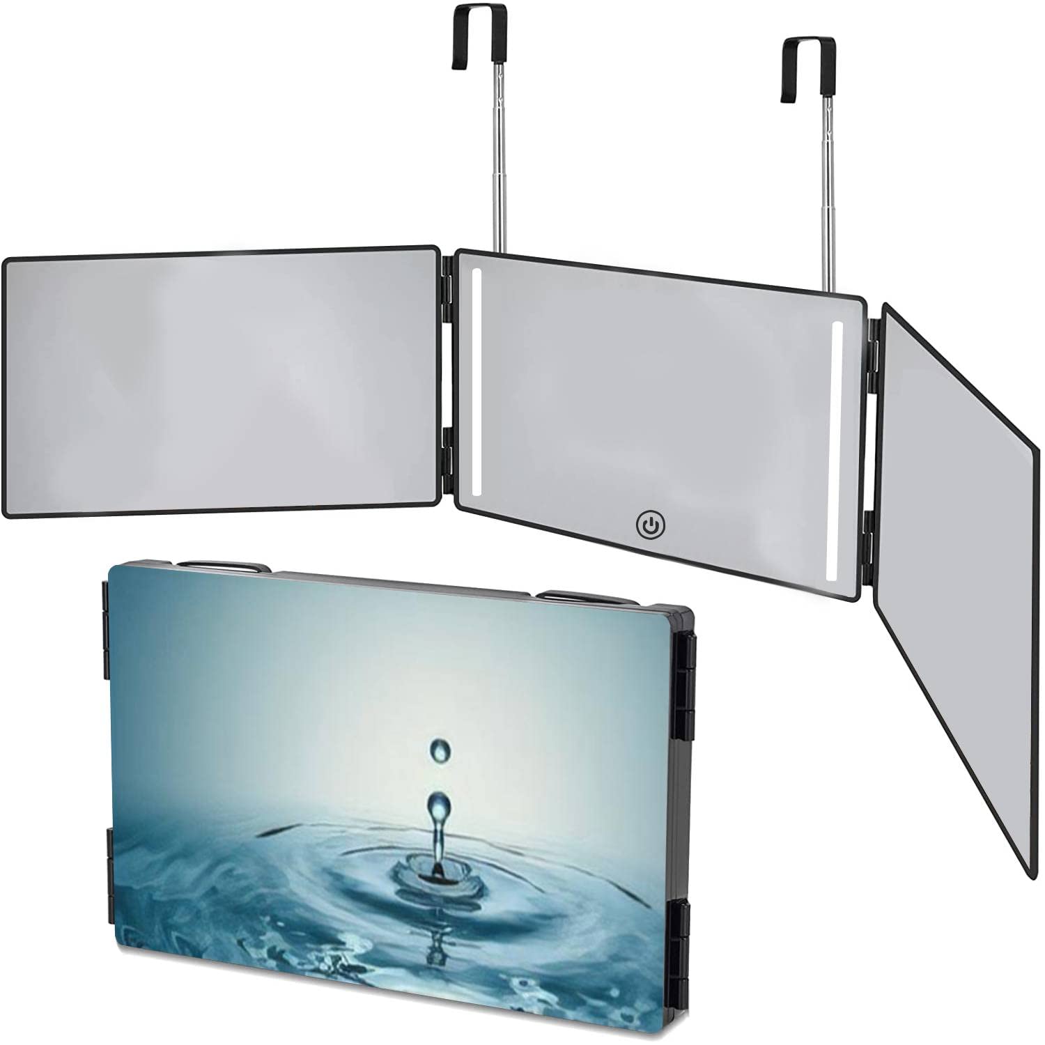 360° LED Self Haircut Mirror with Adjustable Lights - 3-Way Trifold Barber & Makeup Mirror with Clear Water Drop Design for Home Salon, Professional Hair Styling & Makeup Application