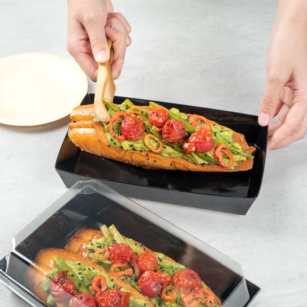 Restaurantware Matsuri Vision 8x5x1.5 Inch Medium Sushi Trays - 100 Greaseproof Disposable Black Paper Sushi Containers for Entrees & Desserts (Lids Sold Separately) | Perfect for Japanese Restaurants, Catering & Takeout