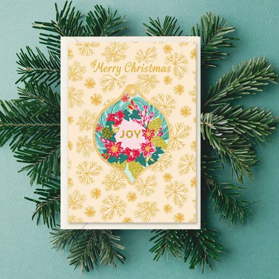 Joy Christmas Card & Wooden Bauble Set - Handmade Holiday Greeting Cards with Wood Ornaments for Xmas Tree Decorations - Perfect for Holiday Gifts, Home Decor and Christmas Party Favors