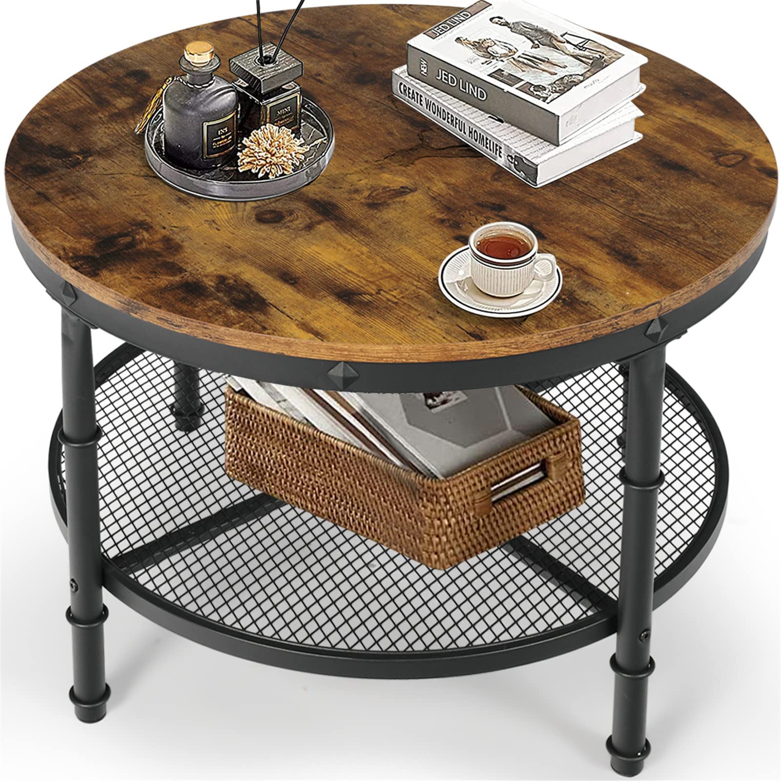 GRAVFORCE Small Round Coffee Table with Storage - Rustic Wood Top & Sturdy Metal Legs, Open Shelf for Living Room, Dining Room, Apartment - Perfect for Small Spaces & Home Decor (Brown) | Ideal for Coffee Lovers, Book Storage & Compact Living Areas