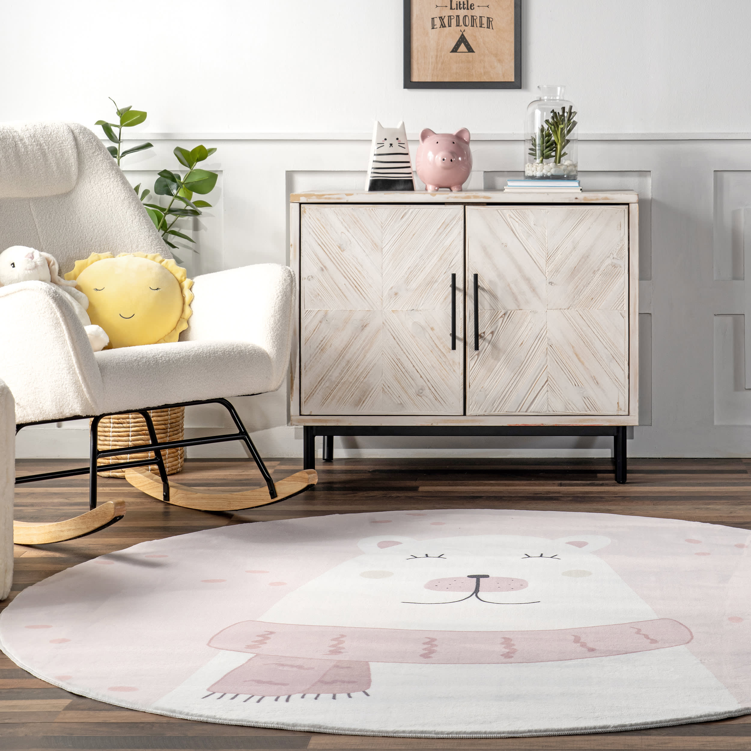 Agathe Polar Bear Kids Washable Rug - Soft & Durable Pale Pink Playroom Carpet for Toddlers | Perfect for Nursery, Bedroom & Play Areas