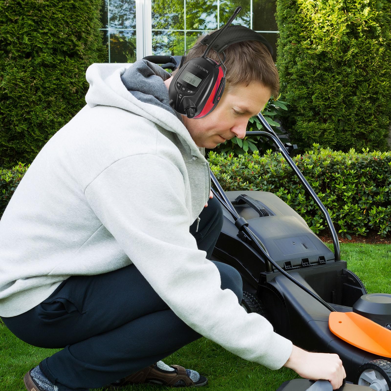 Noise Cancelling AM/FM Radio Headphones with 25dB NRR - Digital Display Safety Earmuffs for Hearing Protection - AA Battery Powered - Ideal for Lawn Mowing, Construction Work & Outdoor Activities (Red)