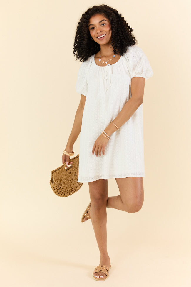 On A Whim White Knit Eyelet Short Sleeve Dress - Women's Summer Boho Casual Dress for Beach, Party & Vacation | Flowy & Comfortable