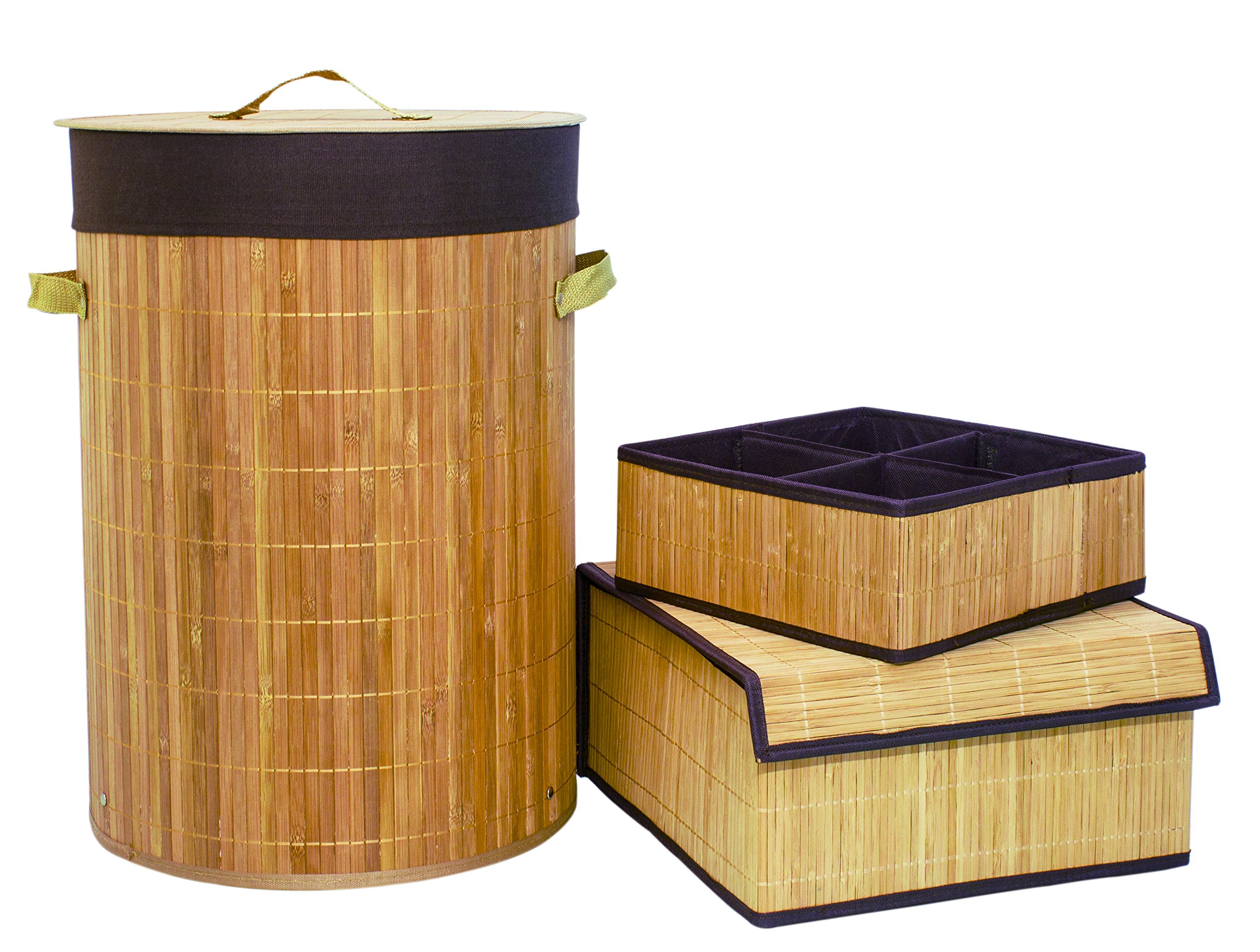 3-Pack Bamboo Round Wicker Laundry Hampers - Foldable Clothes Storage Baskets & Organizers for Bedroom, Bathroom, or Dorm - Eco-Friendly Woven Bin Set for Dirty Clothes & Towels