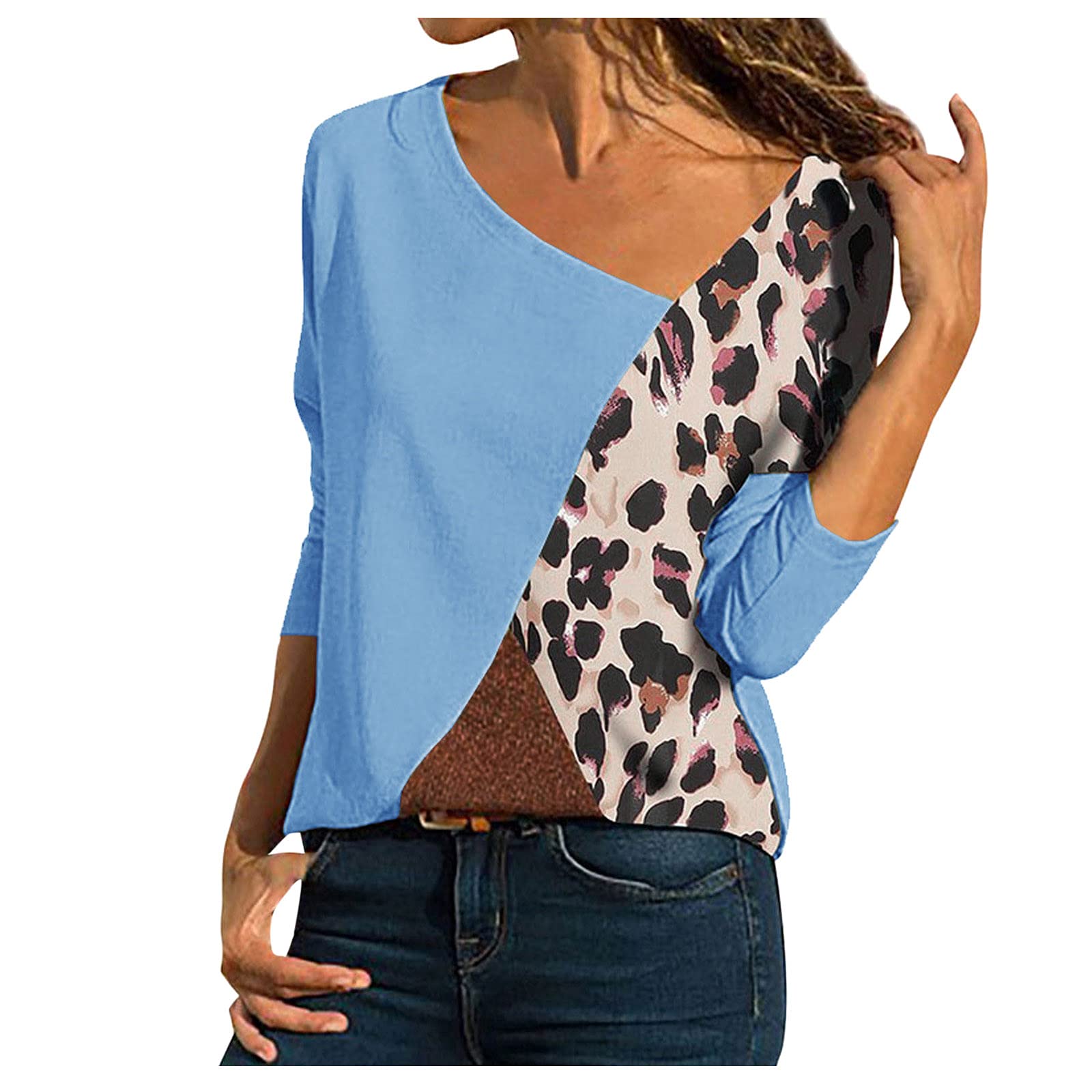 Women's Mock Neck Long Sleeve Blouse - Leopard Print Contrast White Shirt with Black Sleeves | Fashionable V-Neck Top for Work, Party & Casual Outfits