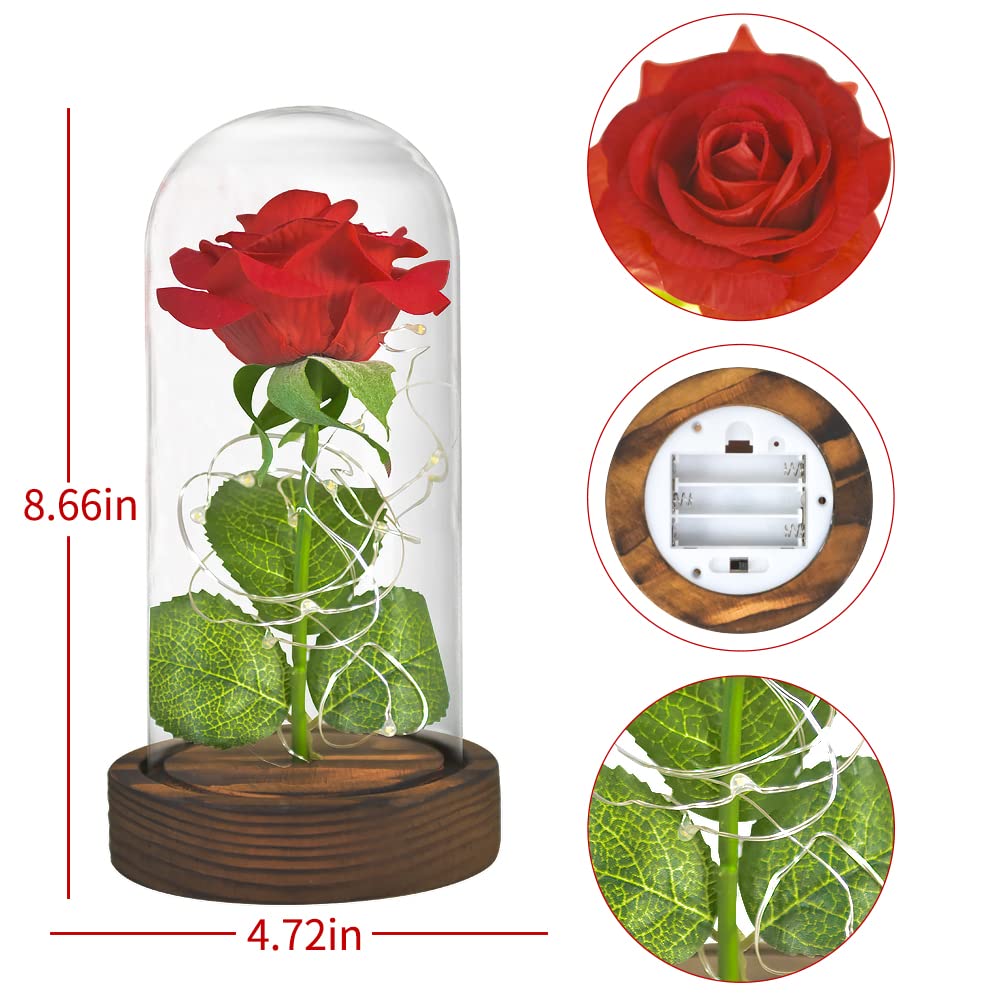 SW Preserved Rose - Enchanted Red Silk Rose in Glass Dome with LED Lights & Pine Base, Romantic Home Decor Gift for Women - Perfect for Valentine's Day, Mother's Day, Christmas, Wedding Anniversary, Birthday (Ideal for Bedroom Decor, Wedding Centerpiece, Romantic Gift)