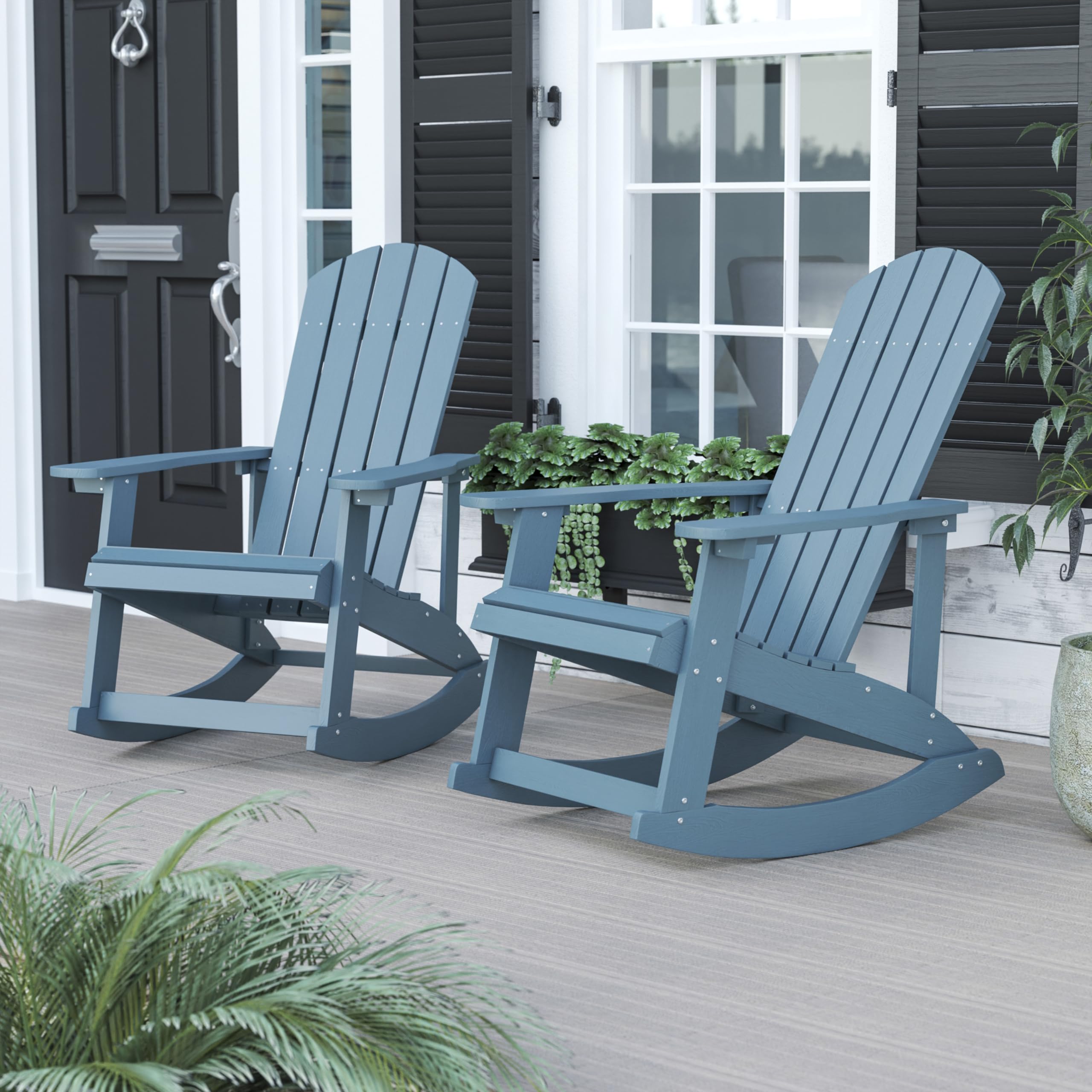 Flash Furniture Savannah Poly Resin Wood Adirondack Rocking Chair Set of 2 - All-Weather Sea Foam Polystyrene - Stainless Steel Hardware - Perfect for Patio, Garden & Poolside Relaxation
