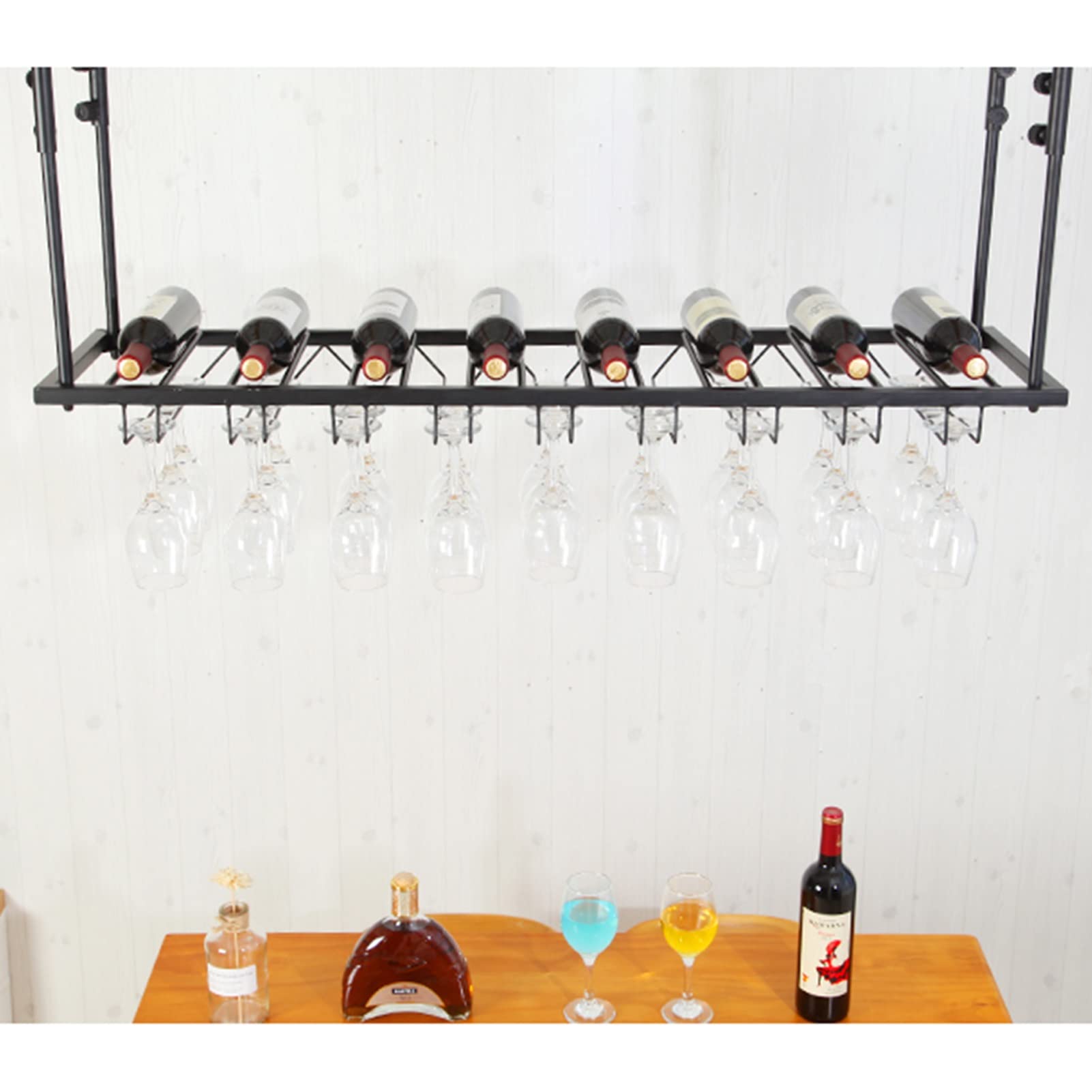 SKOAJAS Black Metal Ceiling Hanging Wine Glass Holder - 140x35cm Wine Rack for Stemware & Bottle Storage - Floating Display Shelf for Kitchen, Bar, or Dining Room Decor