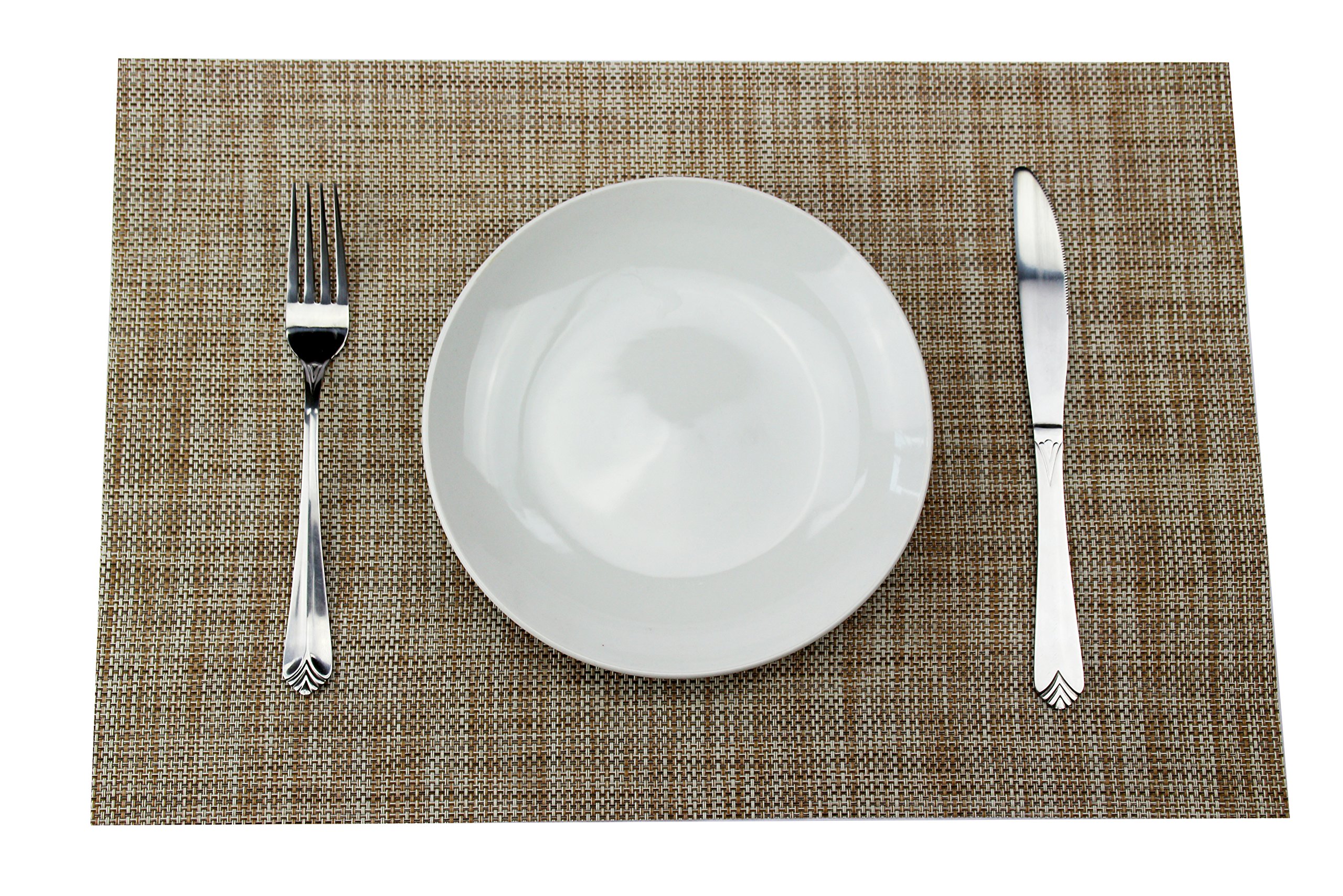 GEFEII Non-Slip Heat-Resistant PVC Woven Vinyl Placemats Set of 6 - Stain Proof, Washable Dining Table Mats for Kitchen & Home Decor (Brown) | Perfect for Everyday Meals, Dinner Parties & Holiday Gatherings