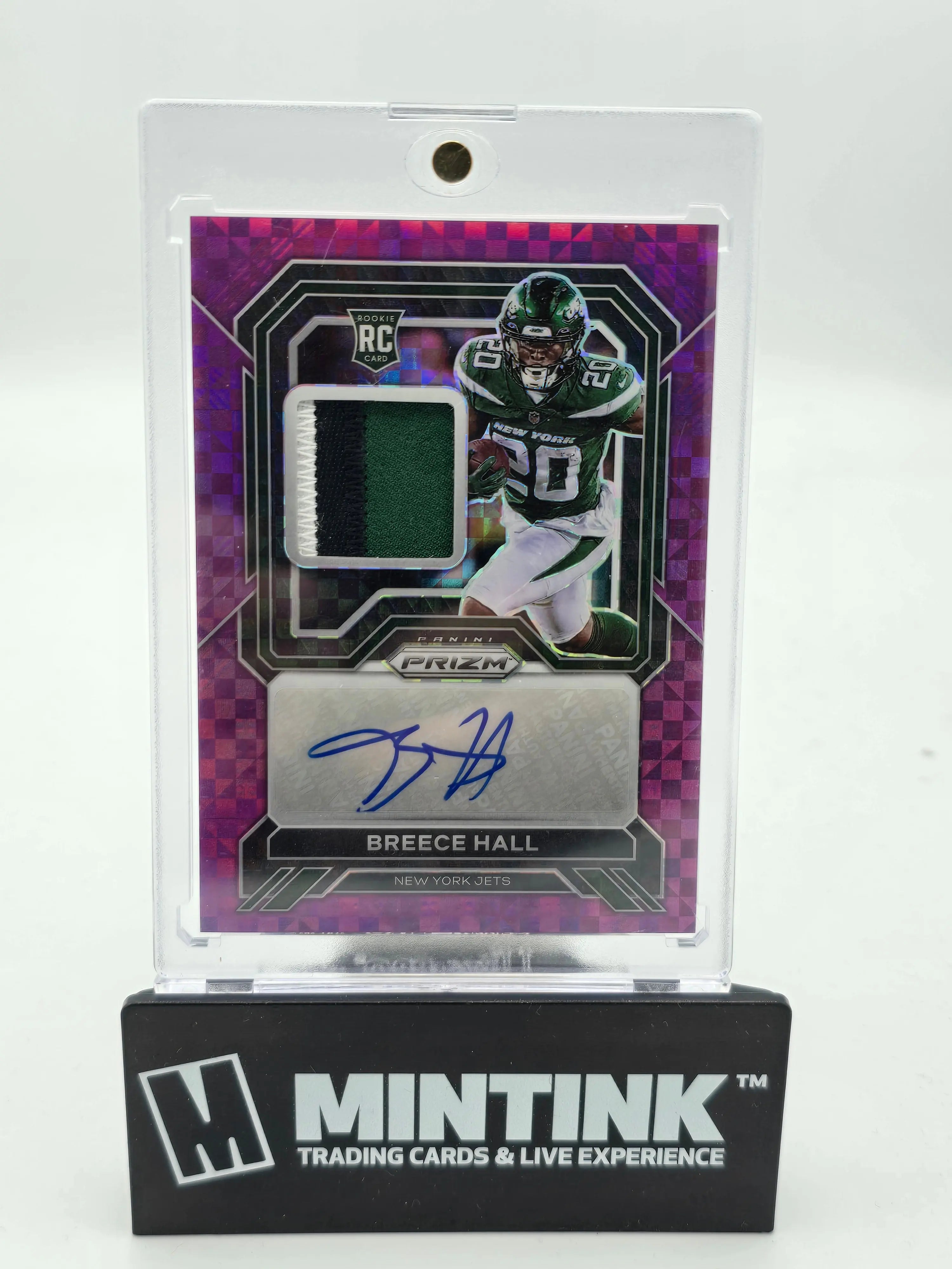 2022 Panini Prizm Football Breece Hall Rookie Card Purple Checkerboard Patch Auto /49 - Collectible NFL Memorabilia for Sports Fans & Card Enthusiasts