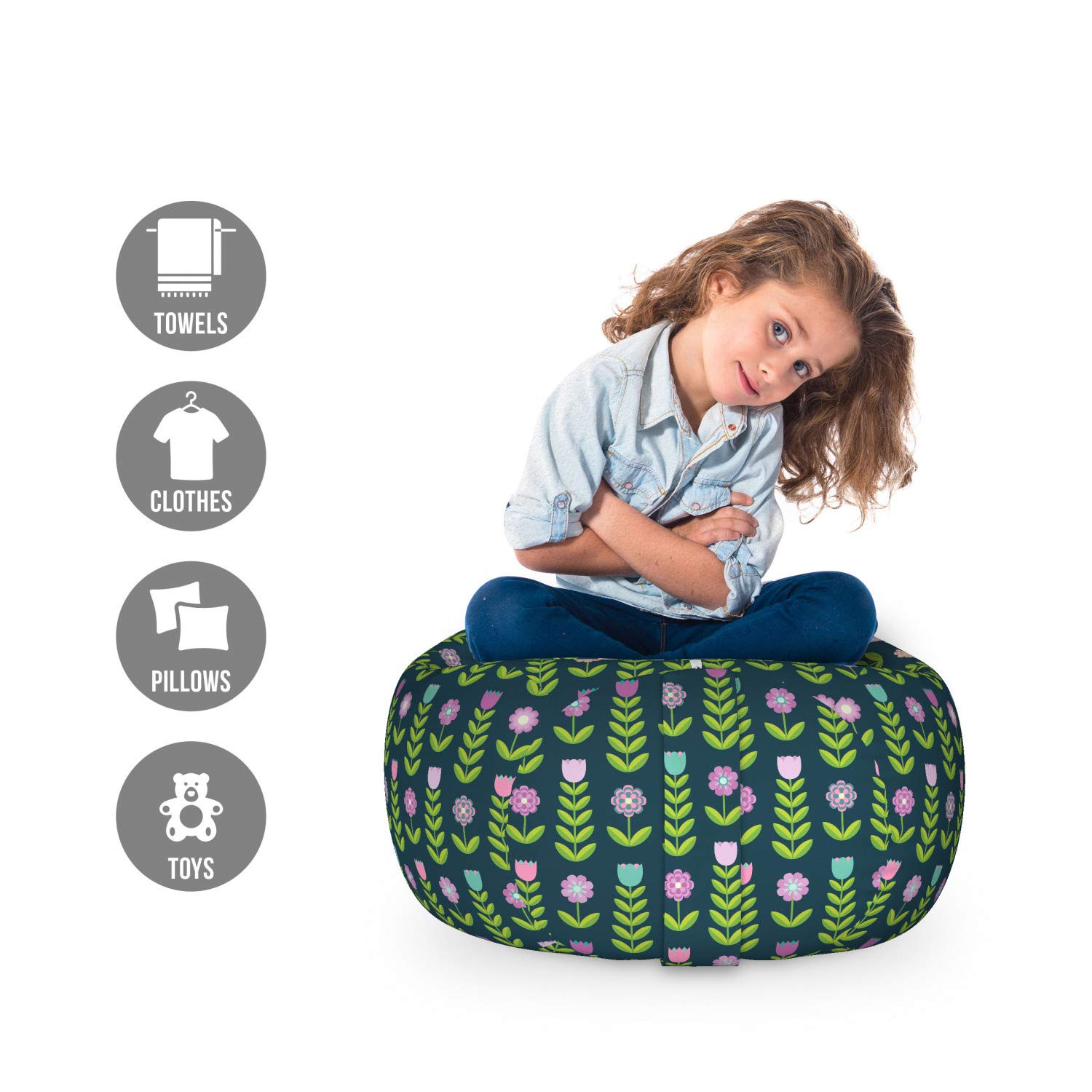 Ambesonne Floral Storage Toy Bag Chair - Geometric Flower Design Stuffed Animal Organizer, Washable Small Size in Fern Green & Dark Teal | Kids Room Decor, Playroom Storage, Nursery Organization Solution