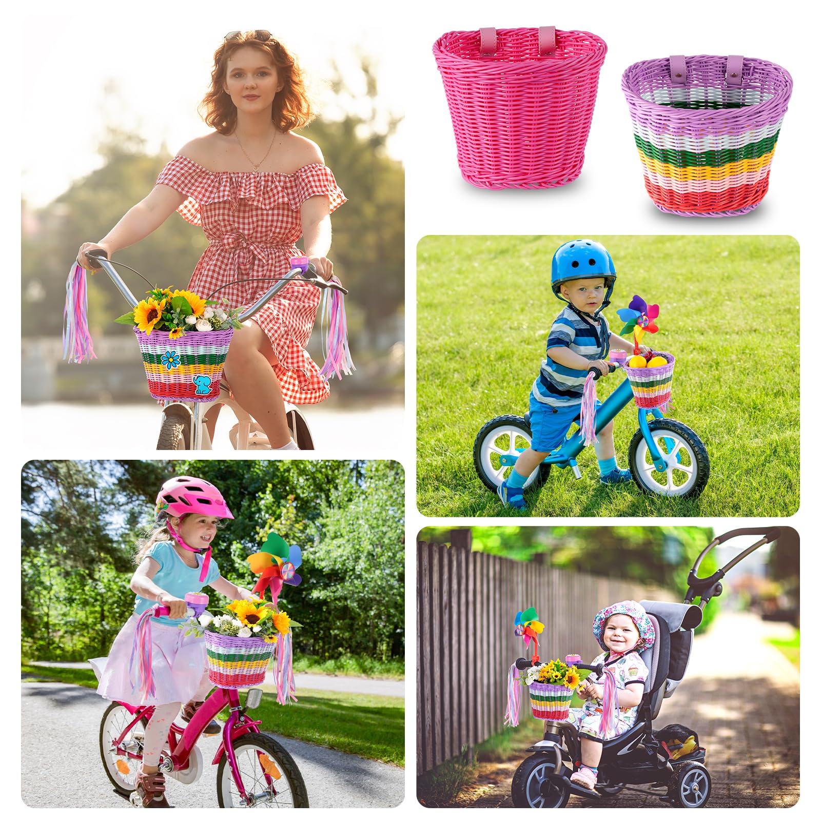 Kids Bike Basket - Front Woven Bicycle Basket with Stickers, Bell, Windmill & Colorful Ribbon Tassels for Boys & Girls - Perfect for School Commutes, Park Rides & Neighborhood Adventures