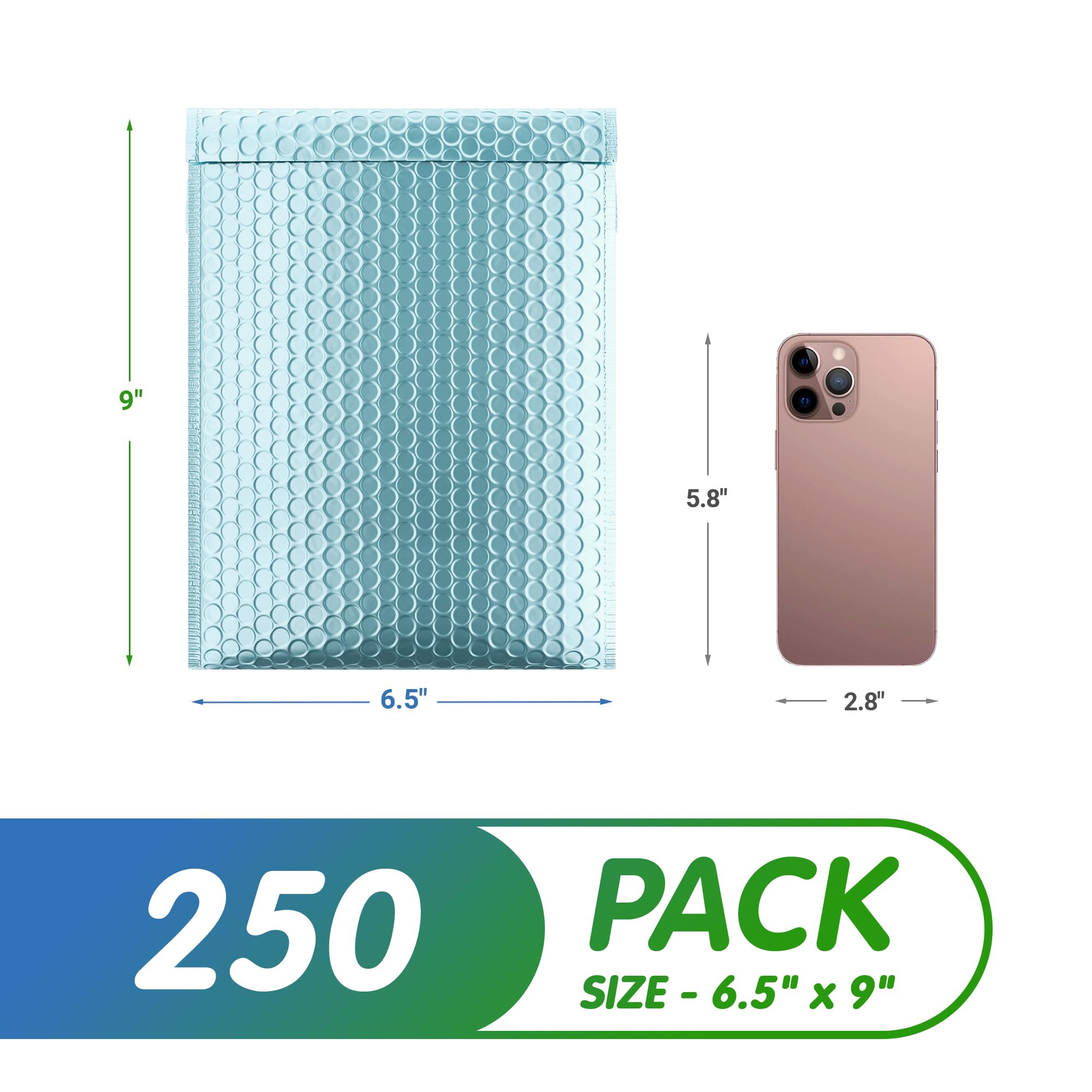 250 Pack 6.5 x 9 Inch Aqua Ice Metallic Bubble Mailers - Waterproof Padded Shipping Envelopes with Self-Seal for Secure Packaging | Perfect for Ecommerce, Jewelry, Cosmetics & Gift Shipping