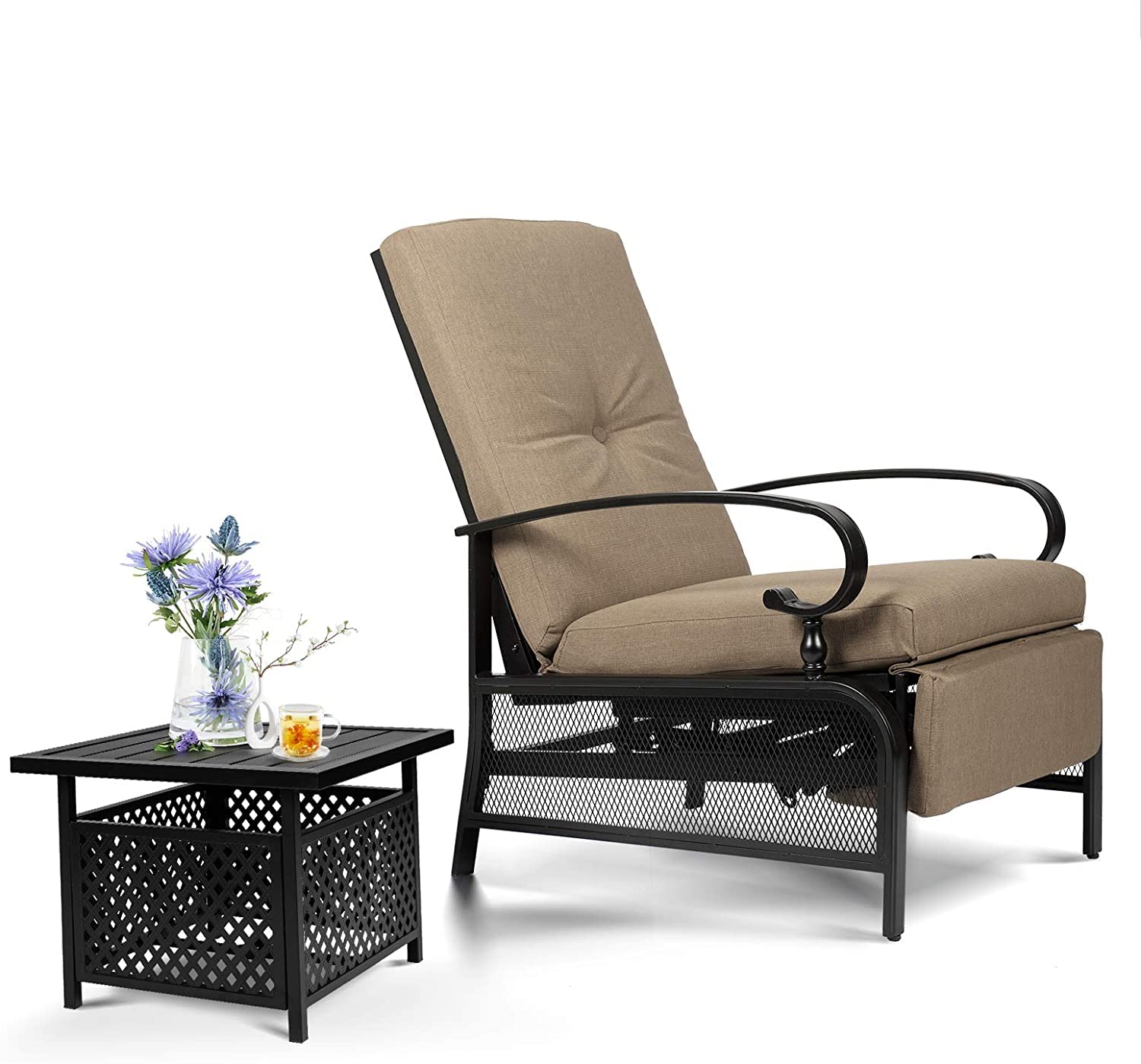 Outdoor Adjustable Lounge Chair Set - Patio Metal Recliner Sofa with Removable Cushions & Bistro Umbrella Table - 300lbs Weight Capacity (Brown) | Perfect for Backyard, Poolside, Beach & Garden Relaxation