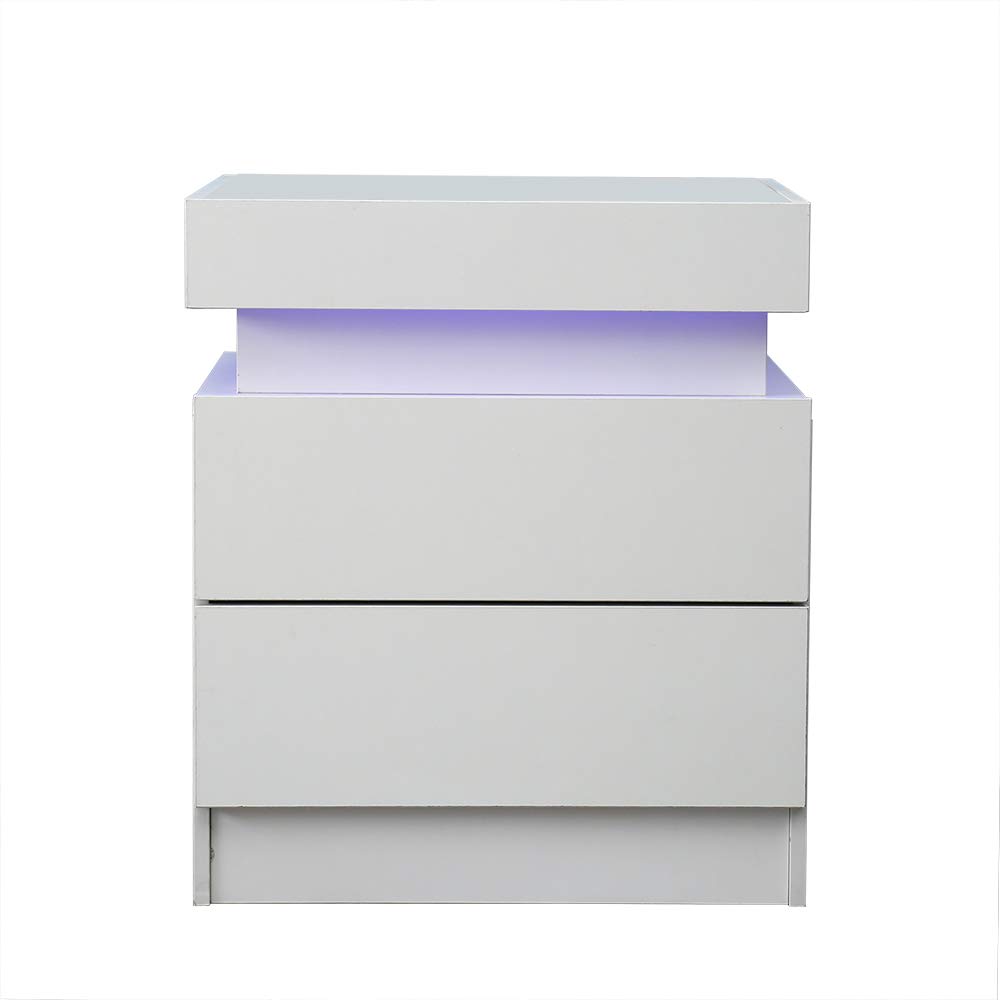 Modern LED Nightstand with 2 Drawers - Glossy White Bedside Table for Bedroom Lighting