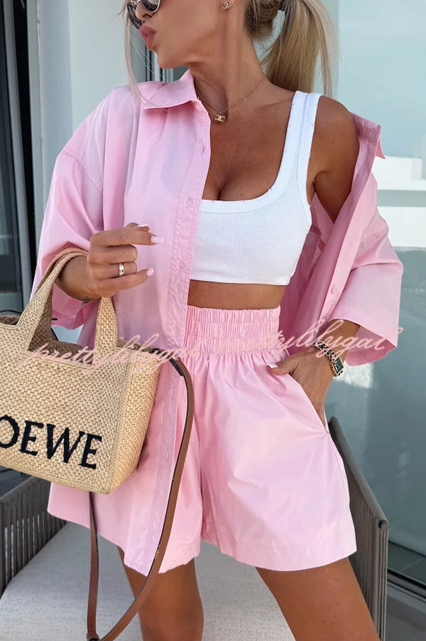 Women's Summer Casual Loose Short Sleeve Shirt & Elastic High Waist Shorts Set - Comfortable Outfit for Beach Vacation, Streetwear and Daily Wear