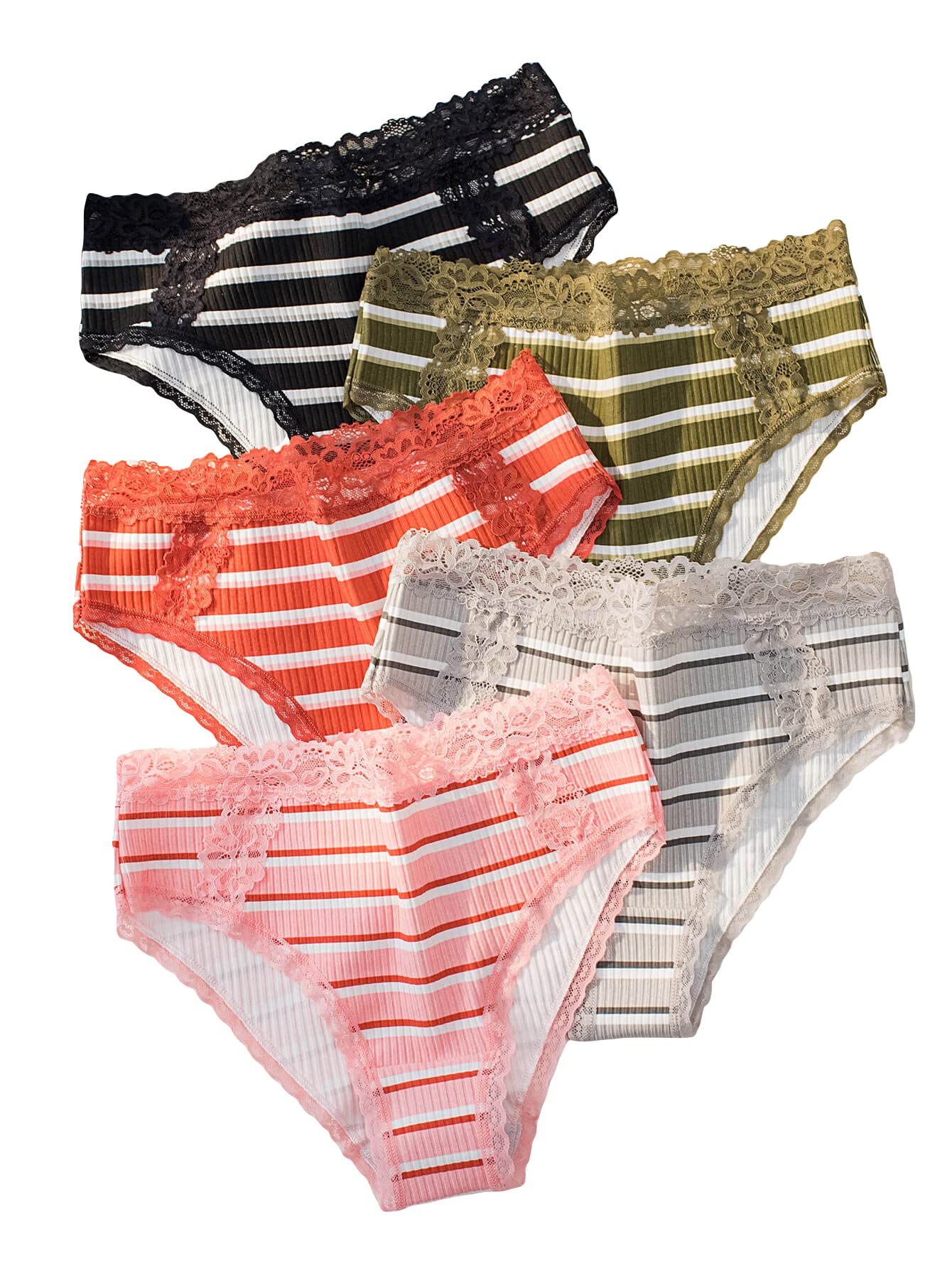 GORGLITTER Women's 5 Pack Striped Lace Brief Set - Mid Rise Cotton Underwear Panties for Everyday Comfort & Feminine Style | Perfect for Work, Sleep & Casual Wear