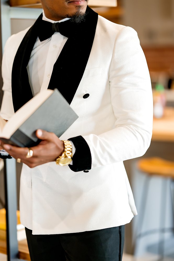Off-White Double Breasted Tuxedo Jacket with Velvet Lapel - Elegant Formal Wear for Weddings, Galas & Black Tie Events