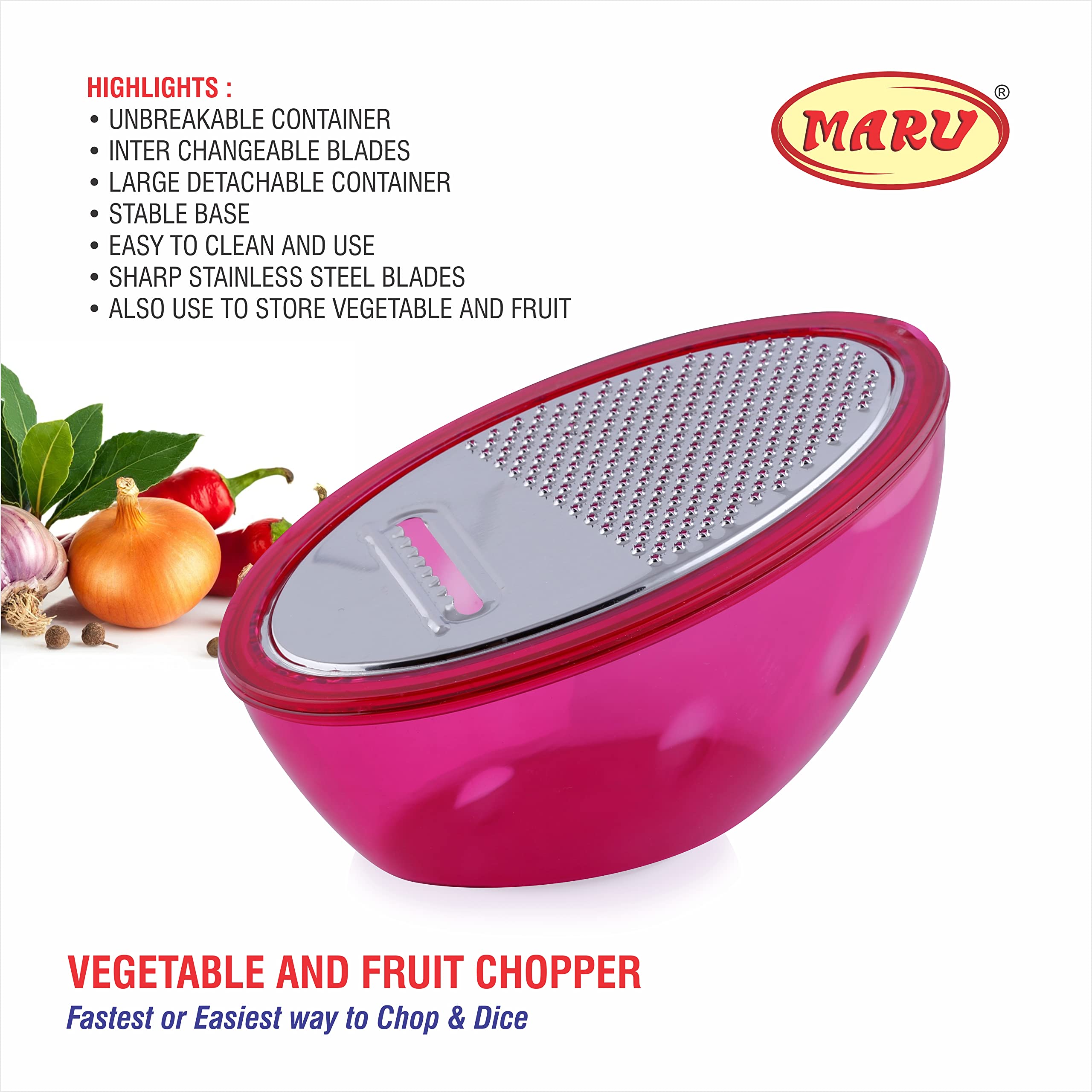 Maru Vegetable Grater with Storage Container - Stainless Steel Cheese Grater for Mozzarella, Potato Slicer with 2 Blades & Storage Lid - Perfect for Kitchen, Meal Prep & Salad Making (Pink)