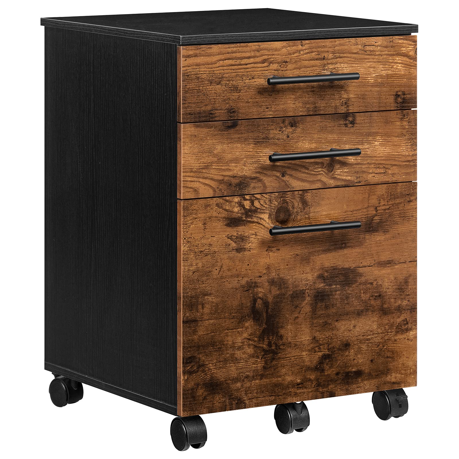 HOOBRO 3-Drawer File Cabinet with Wheels, Mobile Office Storage for A4 & Letter Size Documents, Hanging File Folders - Rustic Brown & Black BF02WJ01G1 | Perfect for Home Office, Small Business & Workspace Organization