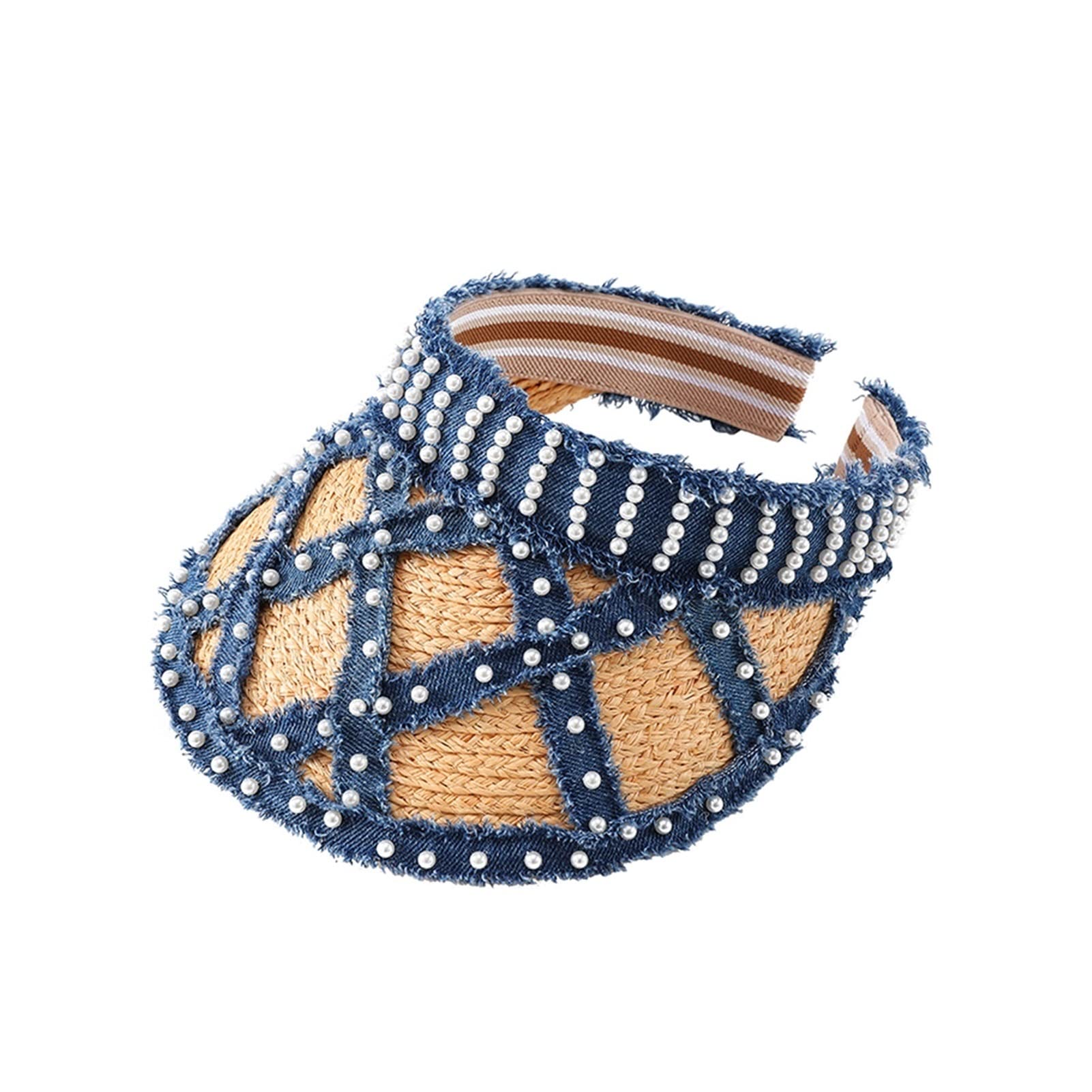 OMSMA Women's Summer Sun Hat - Wide Brim Raffia Straw Visor with Pearl Denim Edging for Beach, Pool & Outdoor Activities | Handmade Sun Protection Hat for Women