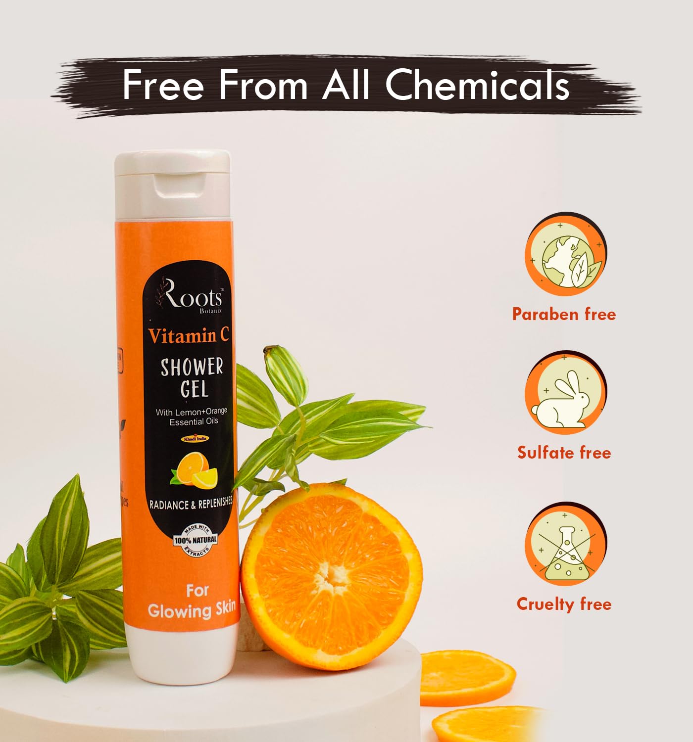 Roots Botanix Vitamin C Body Wash with Orange & Lemon Essential Oils - Hydrating & Brightening Shower Gel for Glowing Skin (400ml) | Perfect for Morning Refreshment & Post-Workout Cleansing