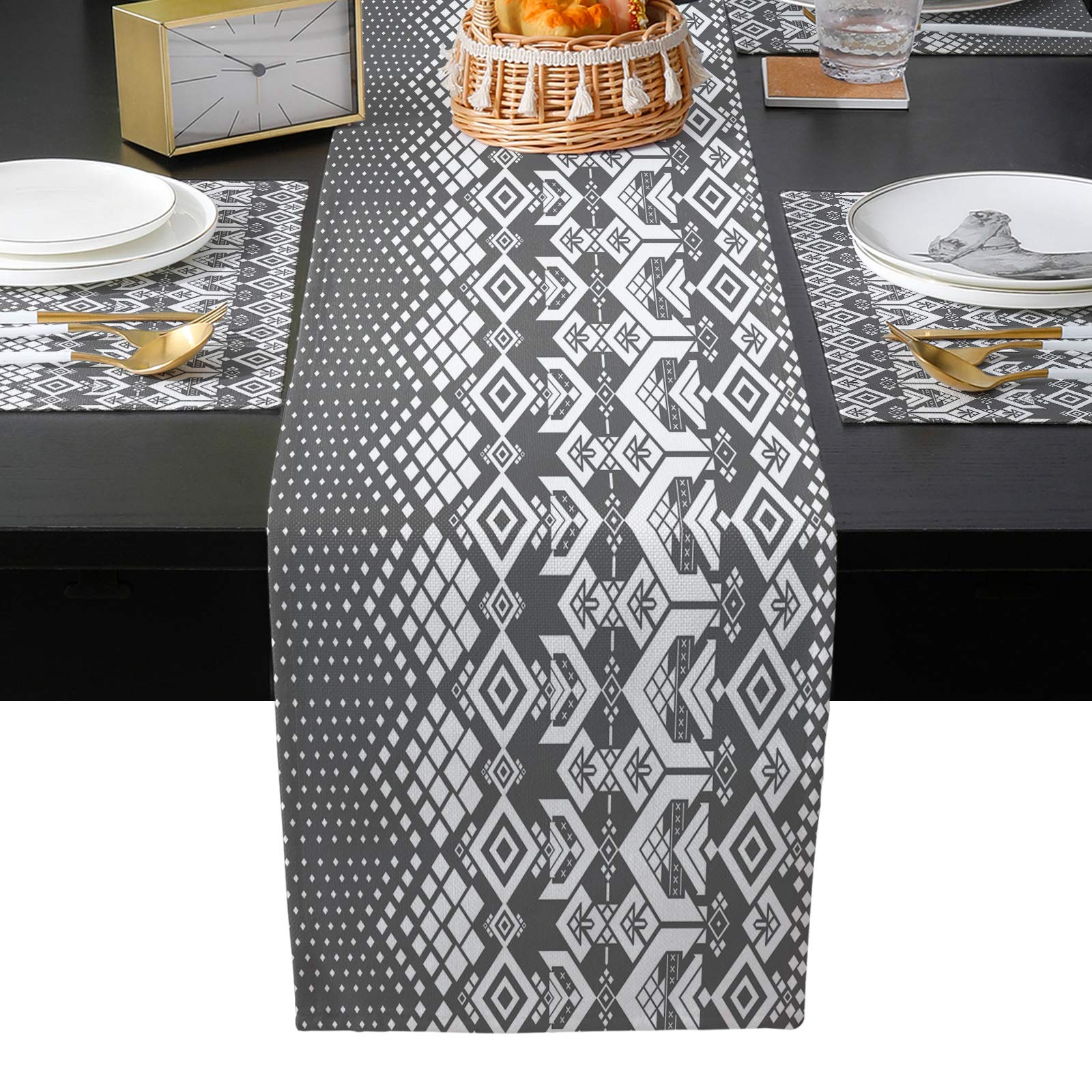 Royal Floral Table Runner with 4 Heat-Resistant Placemats Set - European Geometric Non-Slip Washable Kitchen Dining Table Mats (16x72 inches) for Family Gatherings, Dinner Parties & Holiday Decor
