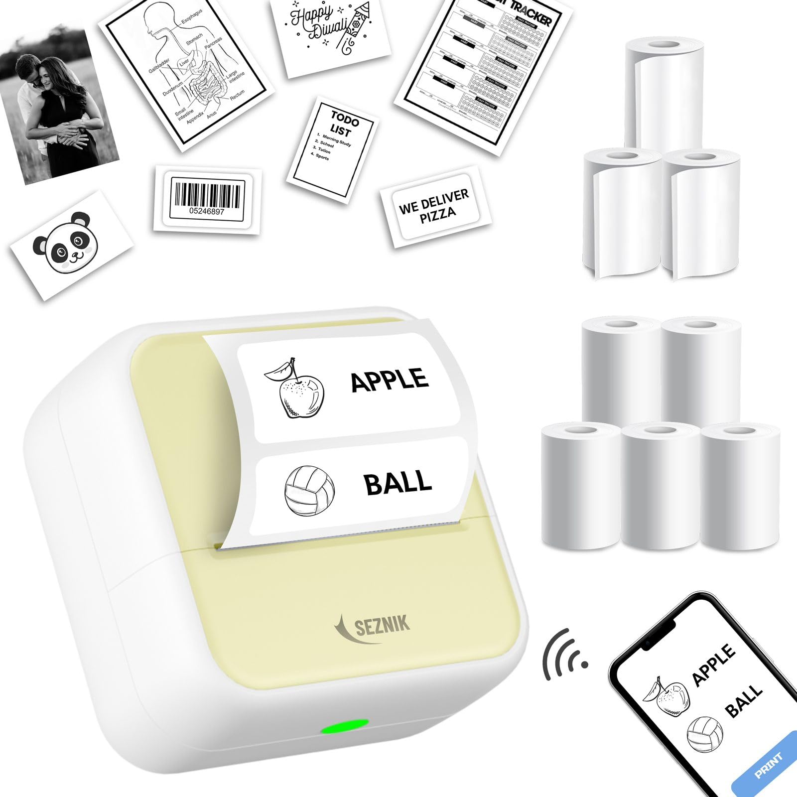 SEZNIK Mini Bluetooth Thermal Printer - Portable Wireless Label Maker for Android & iOS | Inkless Sticker Printer with 2 inch (58mm) Free Roll Paper | 1 Year Warranty | Perfect for Home Organization, Shipping Labels & Small Business Inventory
