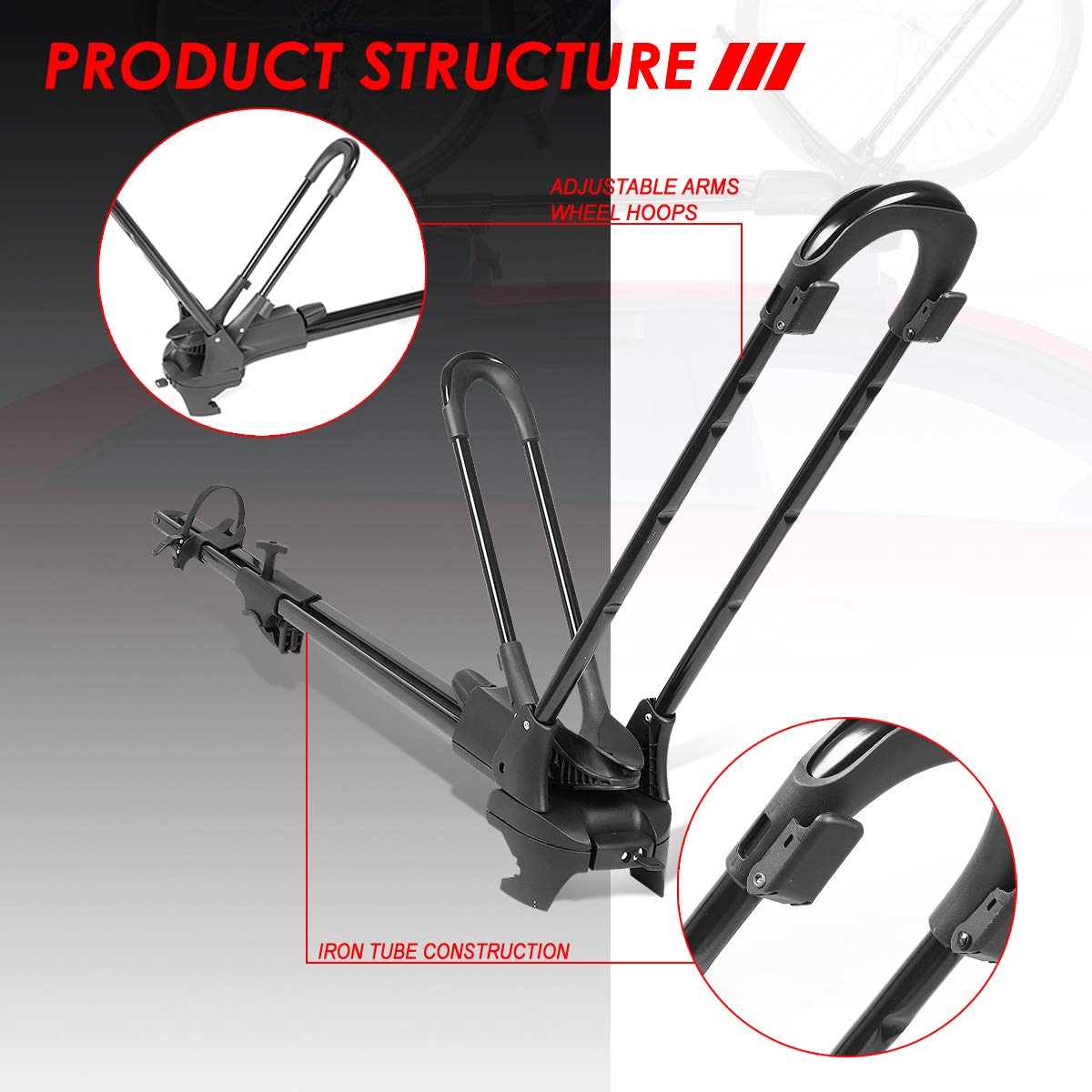 Auto Dynasty Universal Car Roof Top Wheel-On Bicycle Mount Rack - Heavy Duty Iron Bike Carrier with Key Lock System - Perfect for Road Trips, Mountain Biking & Outdoor Adventures (Black)
