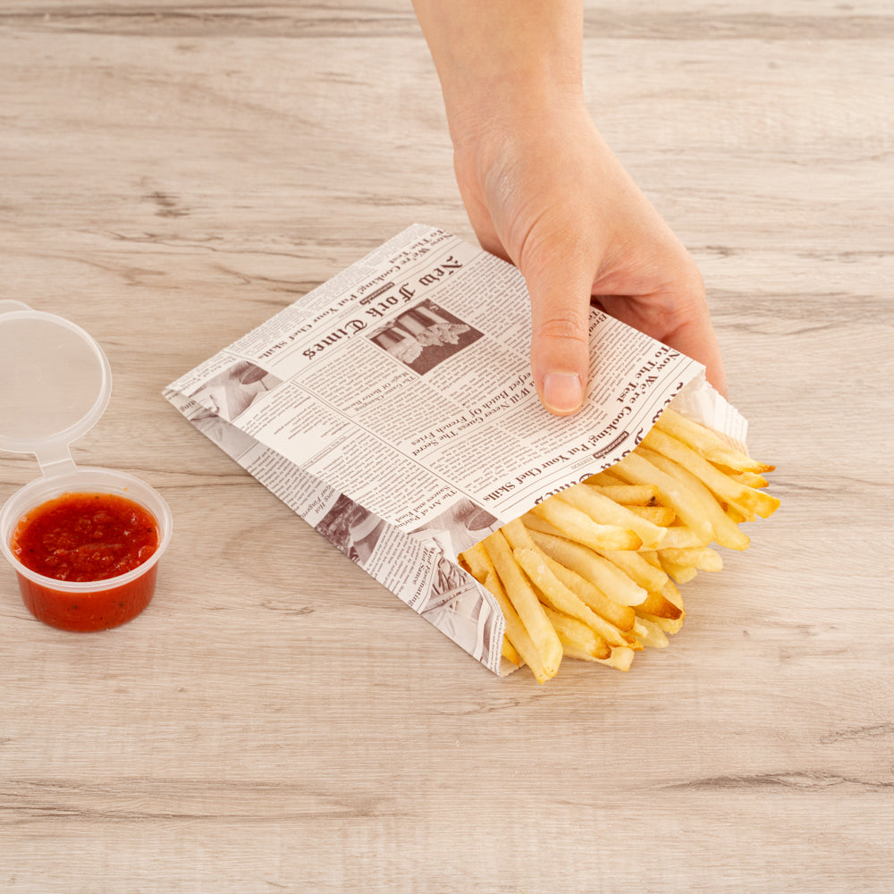Eco-Friendly Sepia Newsprint French Fry & Snack Bags - 4.25