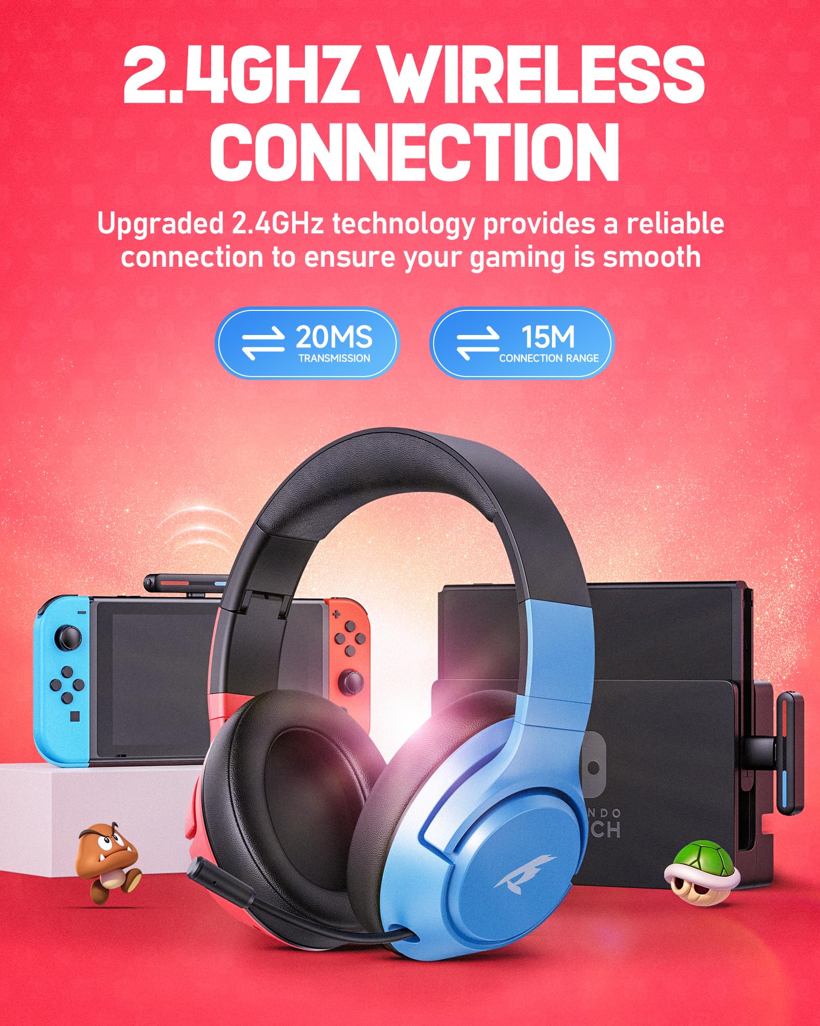 2.4Ghz Wireless Gaming Headset for Nintendo Switch OLED/Lite - Bluetooth 5.4 Headphones with Noise Cancelling Mic, 40Hr Battery, USB-C for PS5/PS4/PC/Mac - Perfect for Gaming, Streaming & Online Meetings