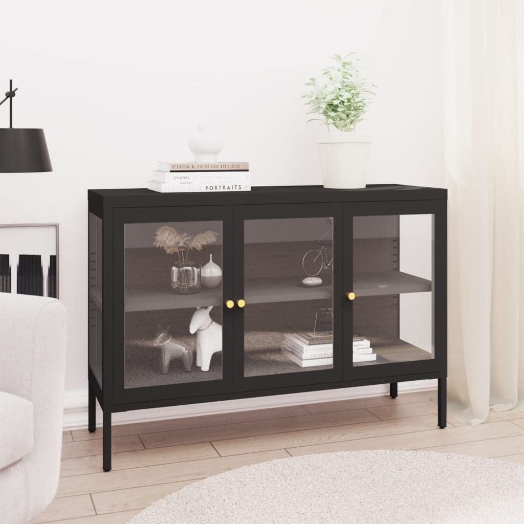 vidaXL Powder-Coated Steel Sideboard - Black Tempered Glass Door Storage Cabinet with Adjustable Shelf | Sturdy Bookshelf & Decorative Display Cabinet for Living Room, Office & Bedroom Organization