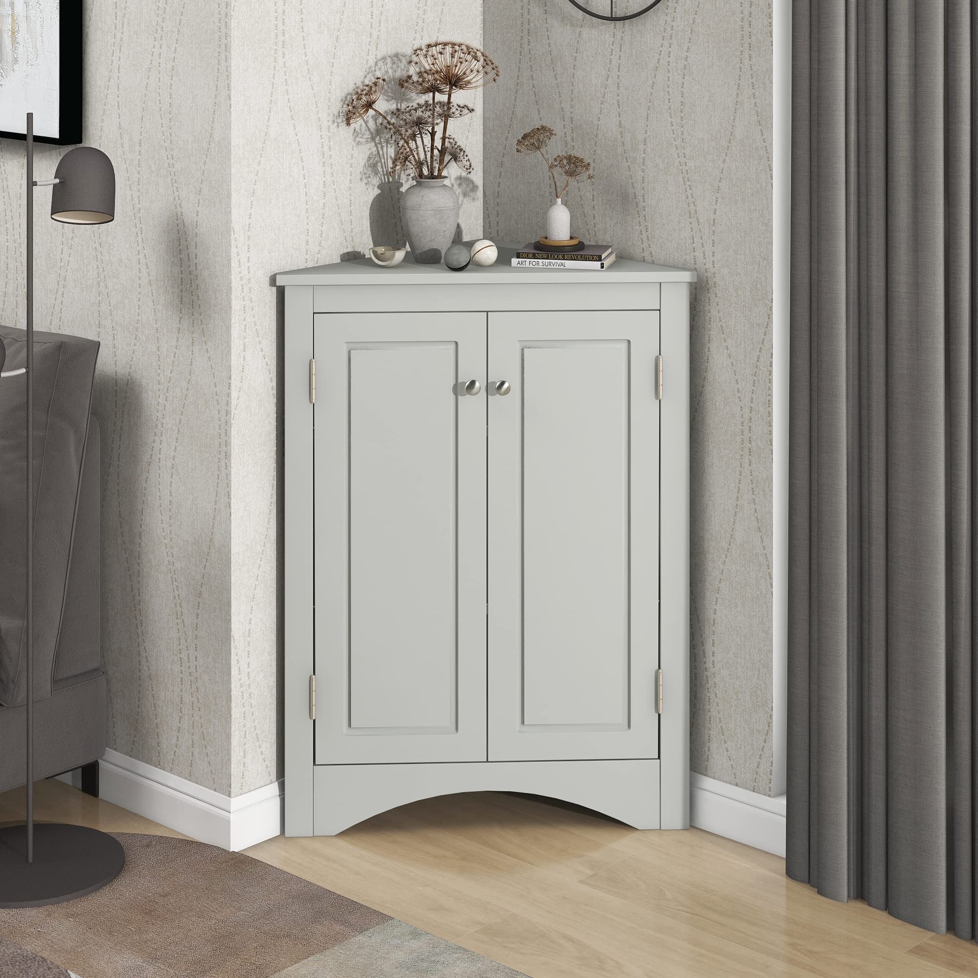 Corner Storage Cabinet for Bathroom - Adjustable Shelves Freestanding 2-Door Floor Cabinet (Grey) | Space-Saving Organizer for Small Bathrooms, Laundry Rooms & Closets