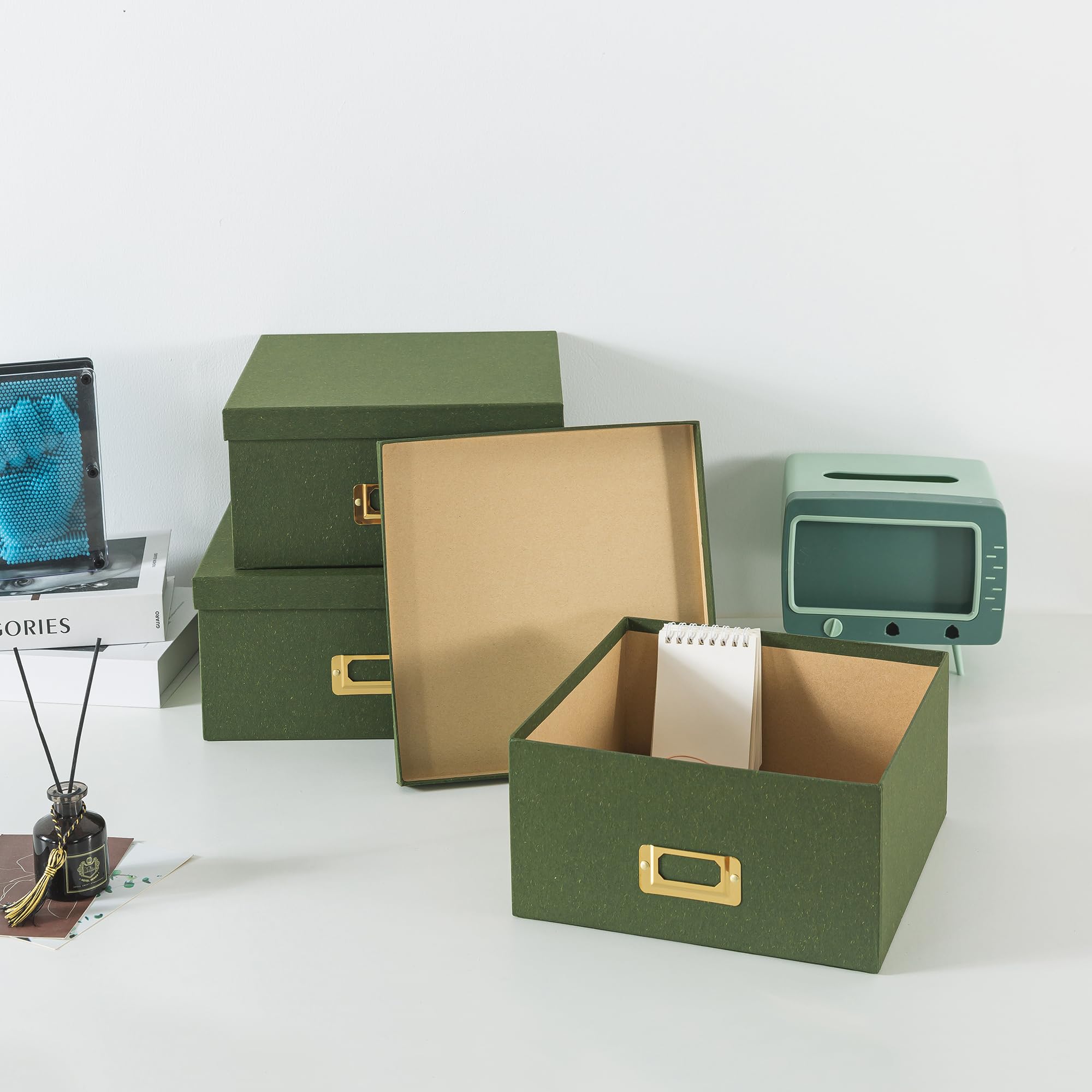 Eco-Friendly Green Kraft Paper Storage Boxes - Set of 3 Square Stackable Boxes with Lids & Gold Label Holders for Home Organization, Photo Storage, and Decorative Display | Perfect for Living Room, Bedroom, and Office Decor
