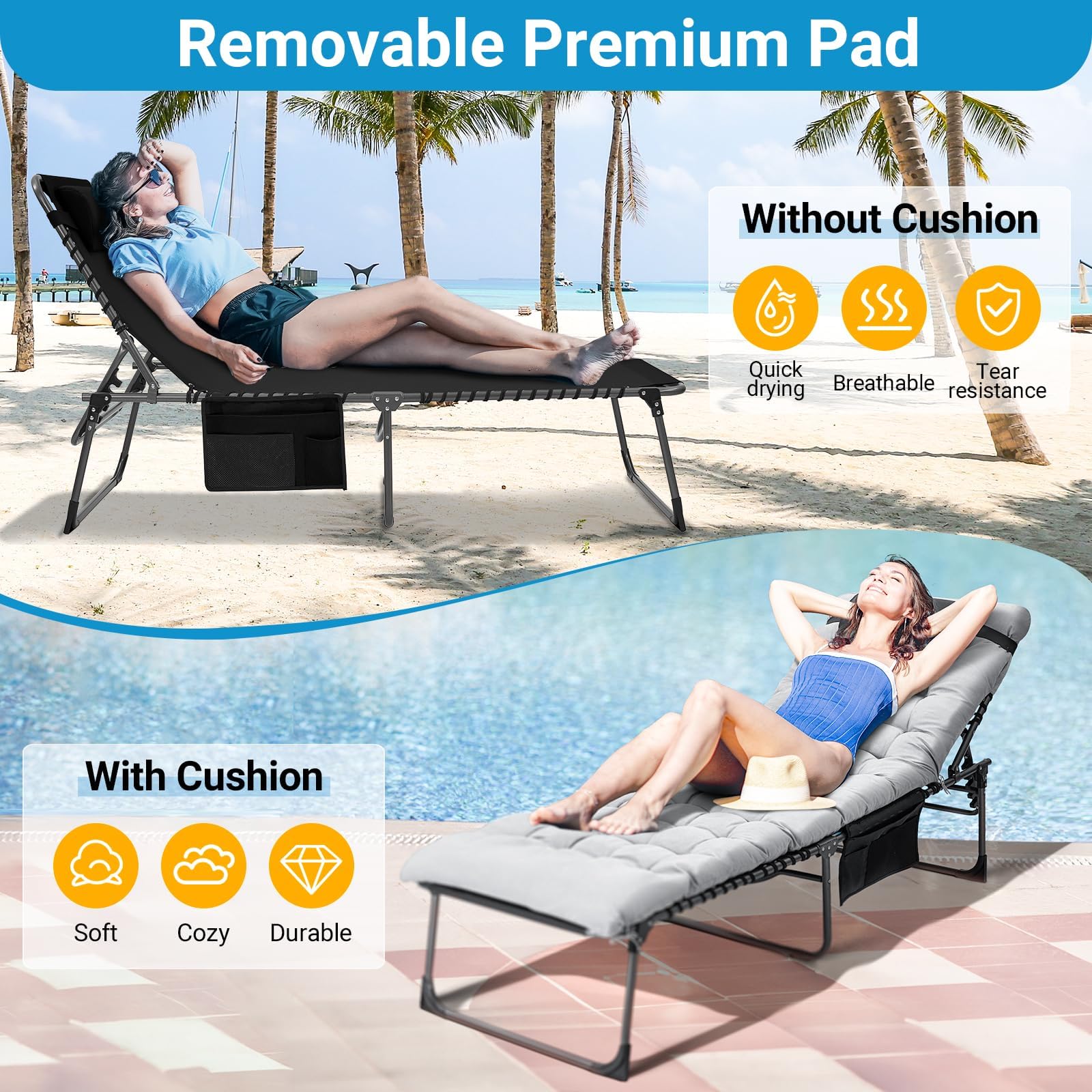 KingCamp Adjustable Textilene Folding Chaise Lounge Chair with Mattress & Pillow - Portable Outdoor Patio Furniture for Camping, Beach, Poolside, Lawn & Indoor Relaxation | Perfect for Sunbathing, Lounging & Backyard Comfort