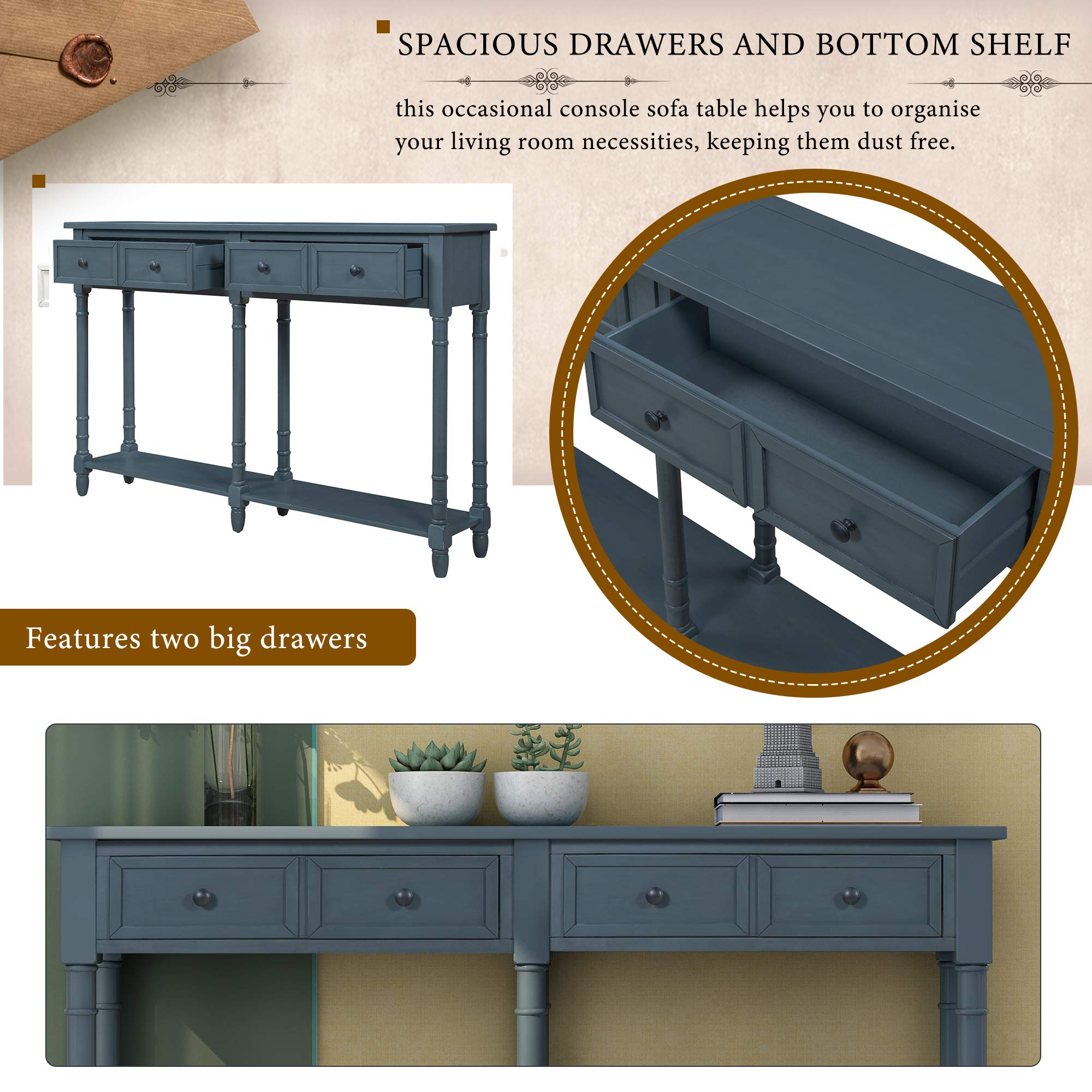 Solid Wood Console Table with 2 Storage Drawers & Shelf - Antique Navy Sofa Table for Living Room, Entryway, Hallway | Perfect for Home Decor & Small Space Organization