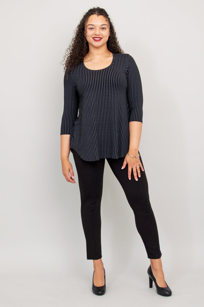 Jazz 3/4 Sleeve Top - Black & Grey Striped Bamboo Fabric - Women's Casual Shirt for Summer & Fall - Perfect for Concerts, Office & Everyday Wear