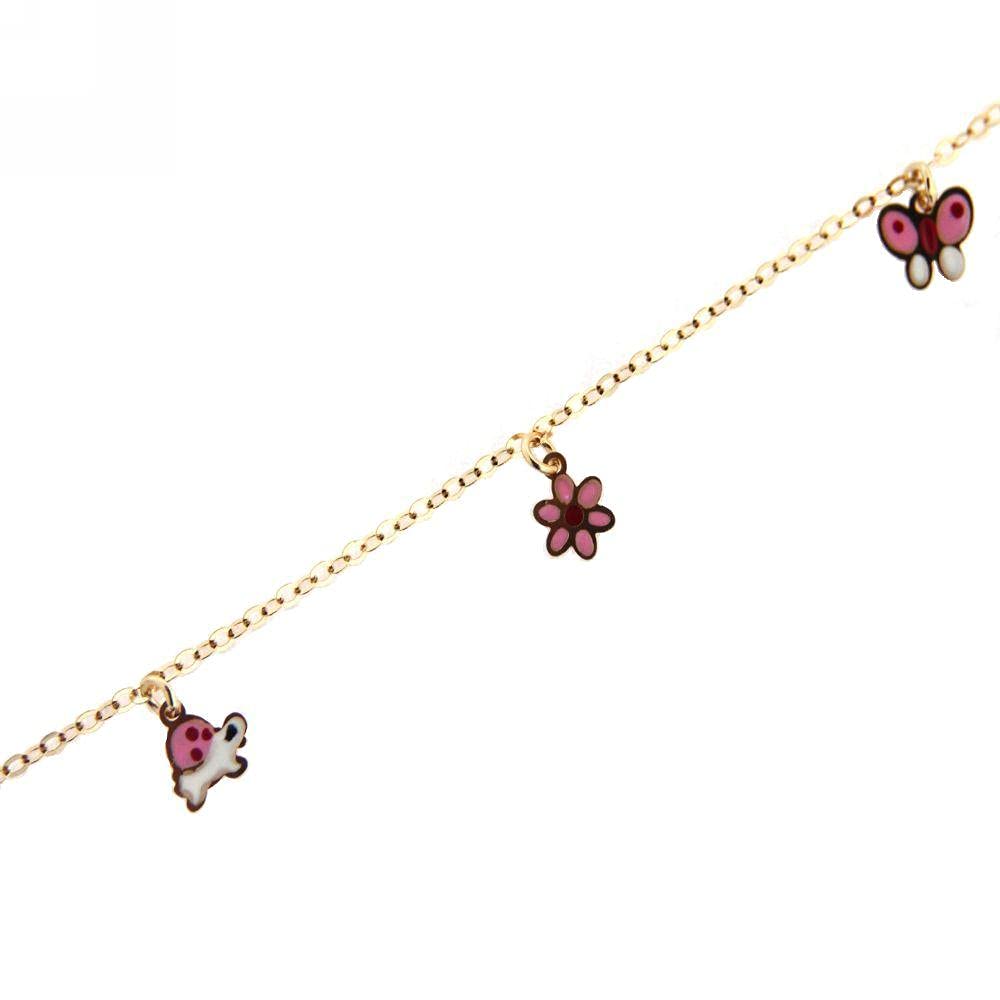 18KT Yellow Gold Pink Enamel Butterfly Flower Turtle Charm Bracelet - 6 Inch Adjustable Women's Jewelry Gift for Birthday, Anniversary & Special Occasions