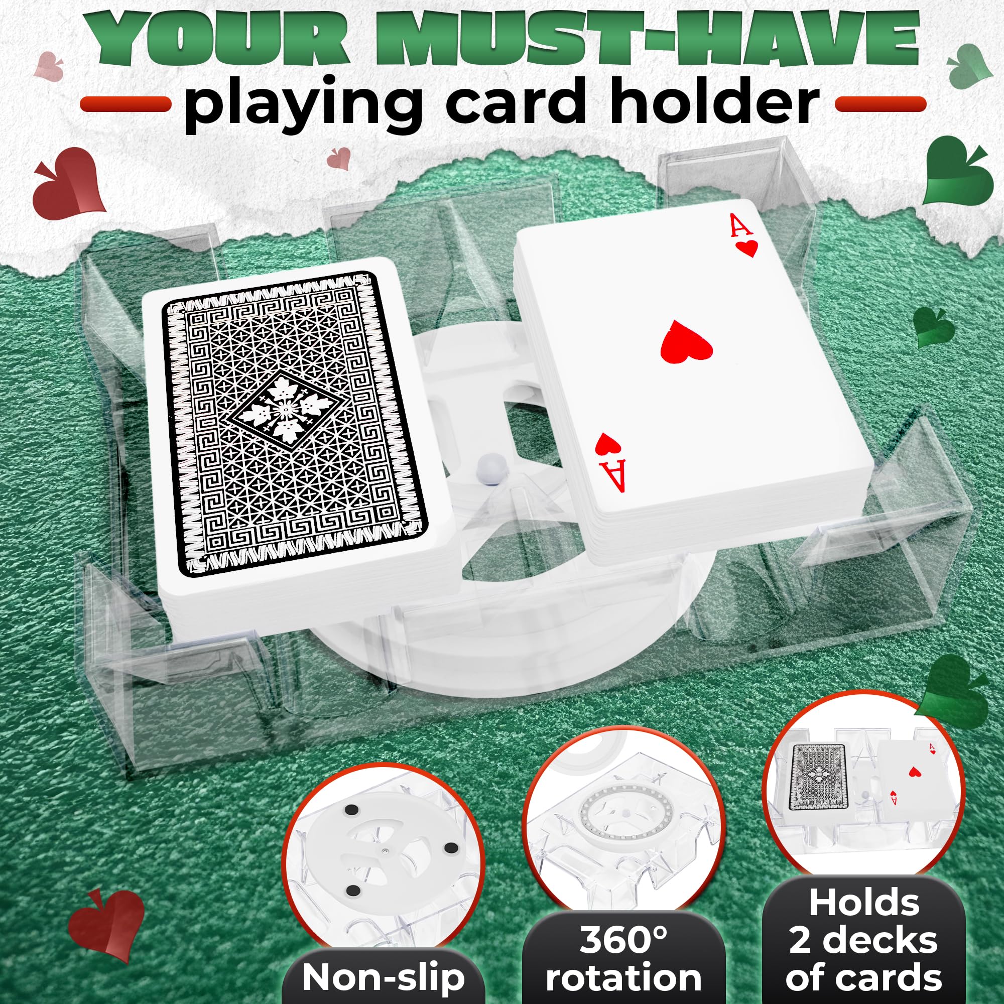 360° Rotating Dual Deck Poker Card Holder - Acrylic Clear Tray for Canasta, Blackjack & Casino Games - Perfect for Card Night, Poker Tournaments & Family Game Nights