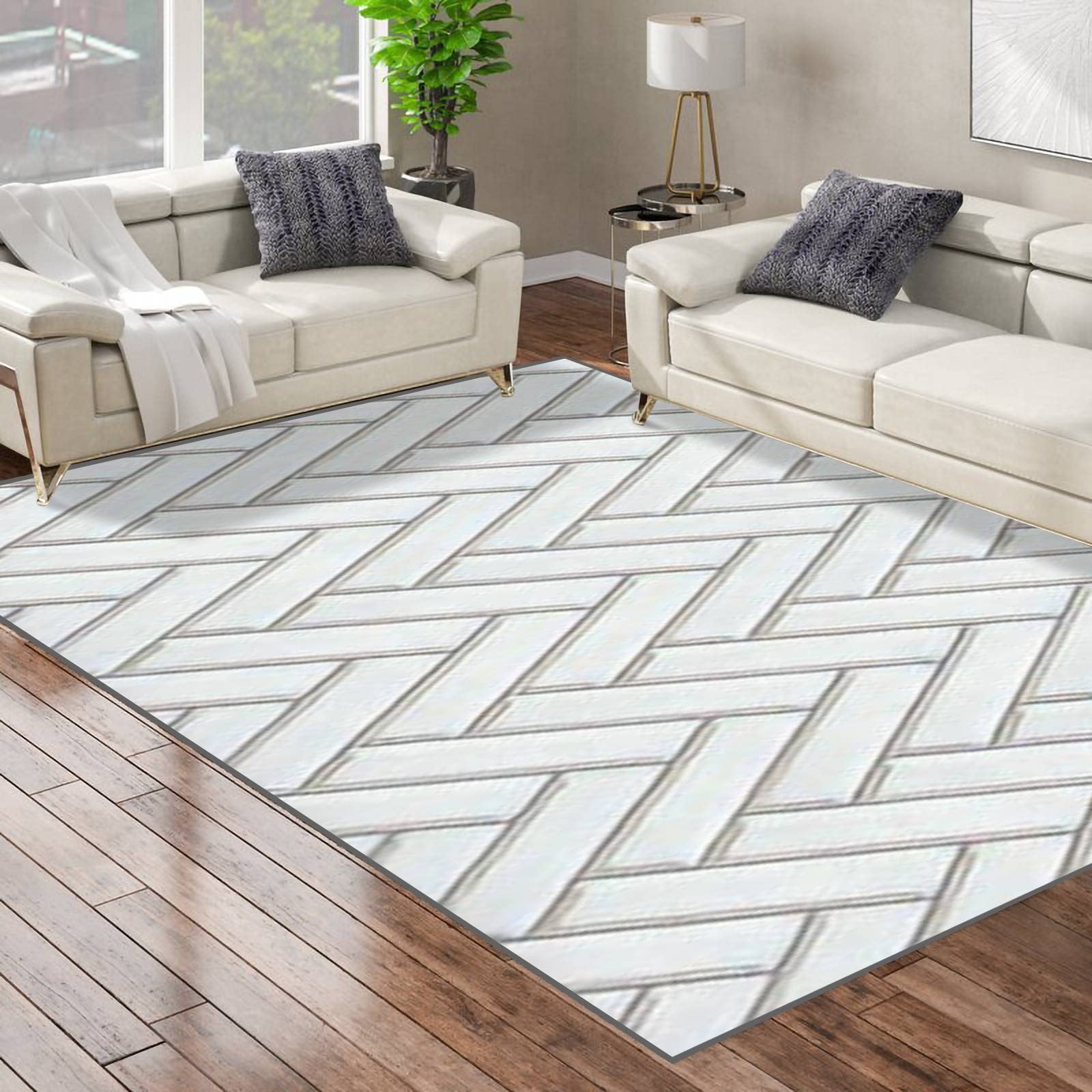 Non-Slip Area Runner Rug - Modern White Brick Ceramic Tile Pattern Herringbone Carpet | Indoor Floor Mat for Yoga, Playmat, Living Room, Bedroom, Nursery & Patio | Perfect for Home Decor, Door Entryway & Cozy Spaces