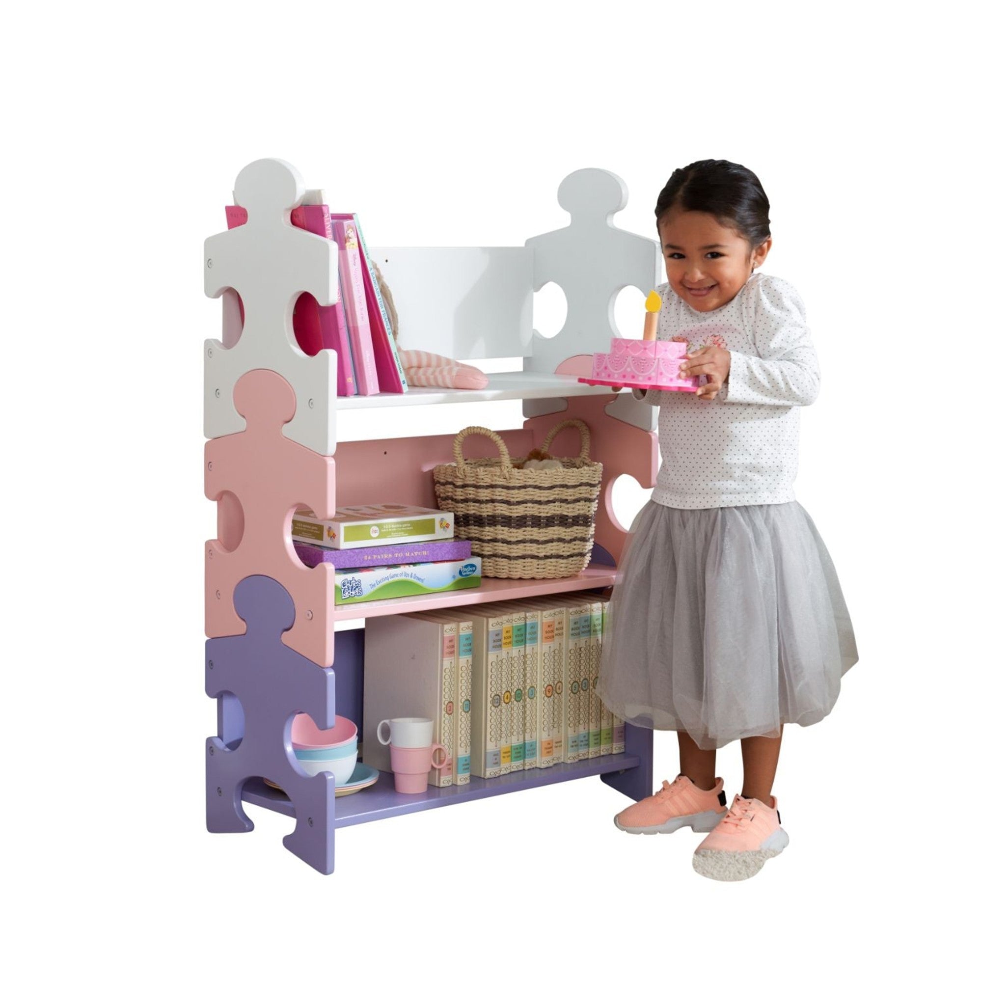 KidKraft Pastel Wooden Puzzle Bookshelf for Kids - Colorful Book Storage Organizer for Nursery, Playroom & Classroom