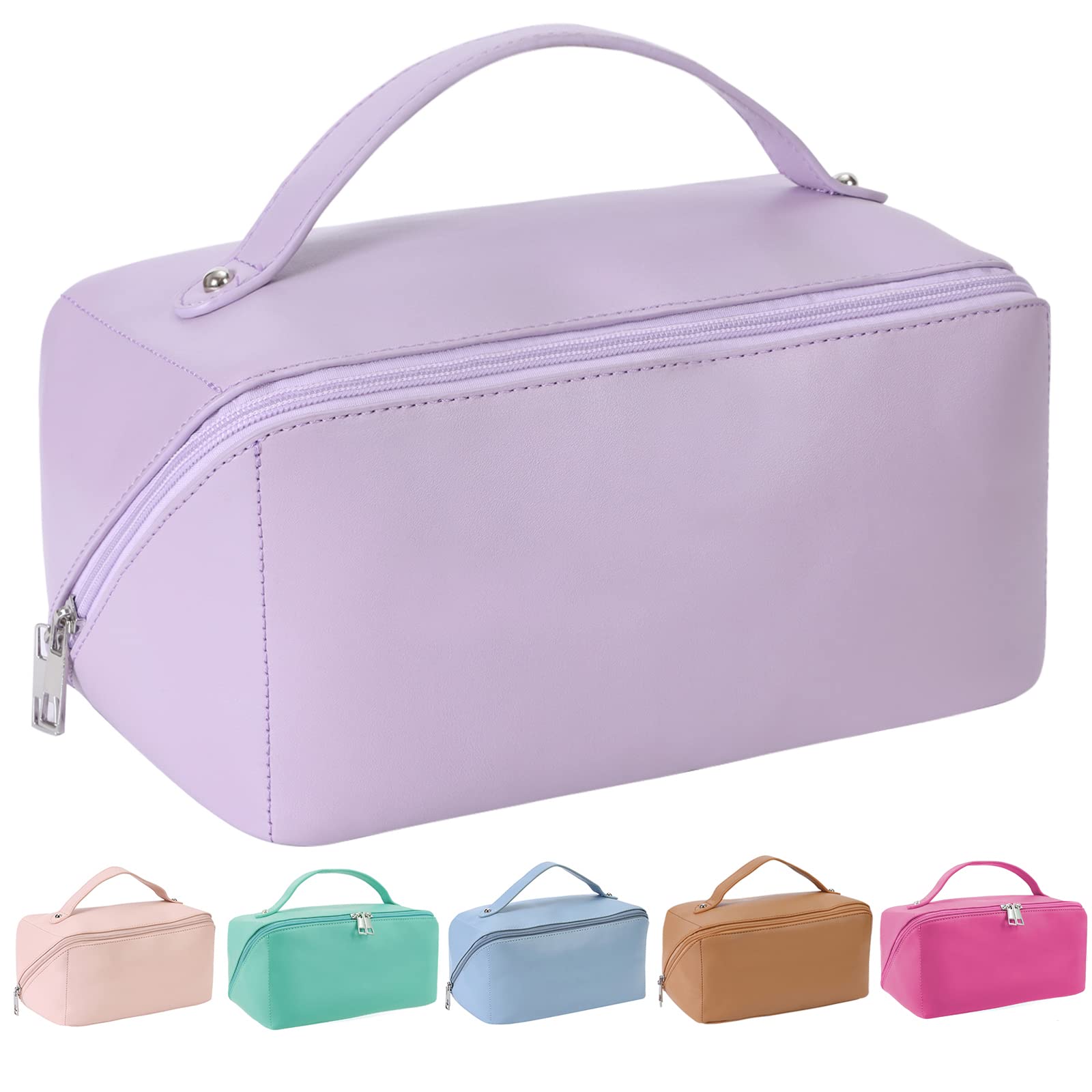 WUSHENG Large Waterproof Makeup Bag Travel Organizer - PU Leather Cosmetic Case for Women, Light Purple | Perfect for Travel, Gym & Daily Makeup Storage