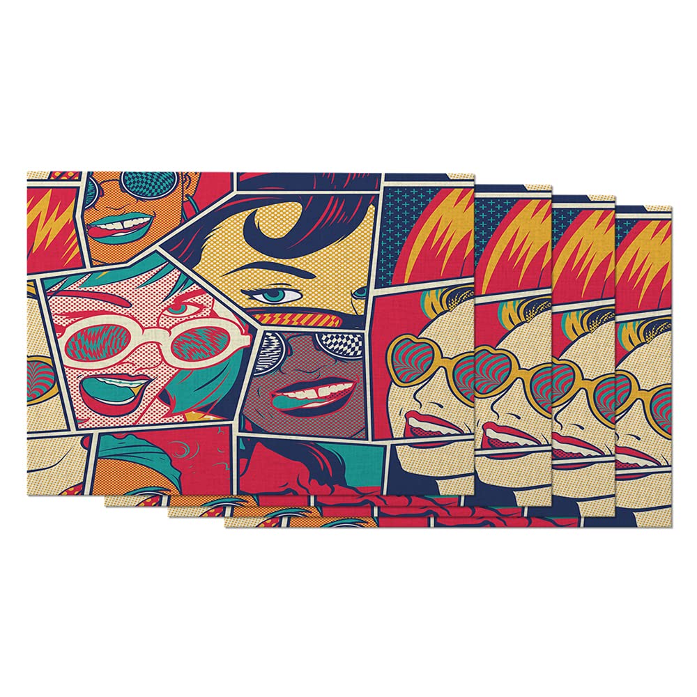 Vintage Pin Up Girls Placemats Set of 4 - 12x18 Inch Retro Comic Art Table Mats for Dining, Kitchen & Bar - Cotton Linen Blend Home Decor for 50s Style Diner, Man Cave or Themed Parties