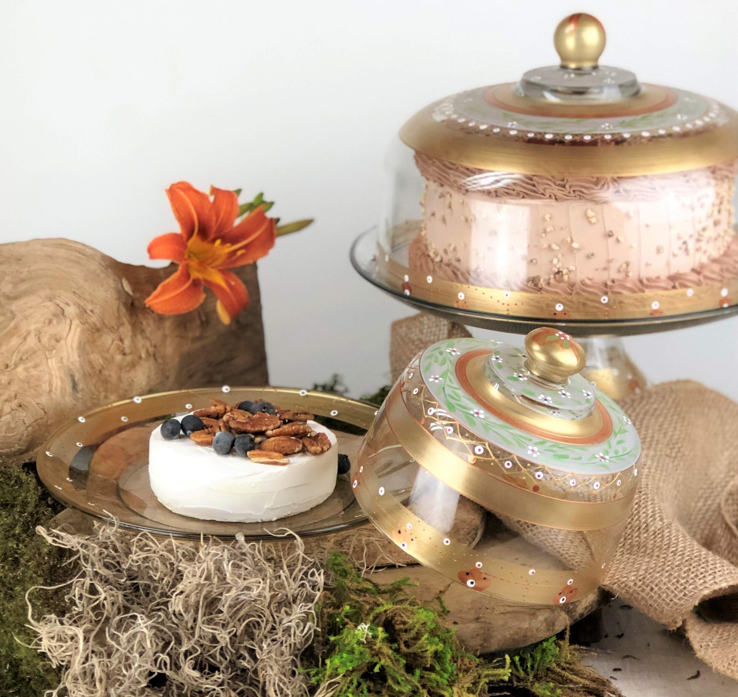 Hand Painted Glass Cake Stand with Lid - Moroccan Mosaic Gold Garland Collection - Decorative Cake Dome for Wedding, Birthday & Party - Unique Kitchen Table Decor by USA Artists - Perfect for Dessert Display & Home Décor