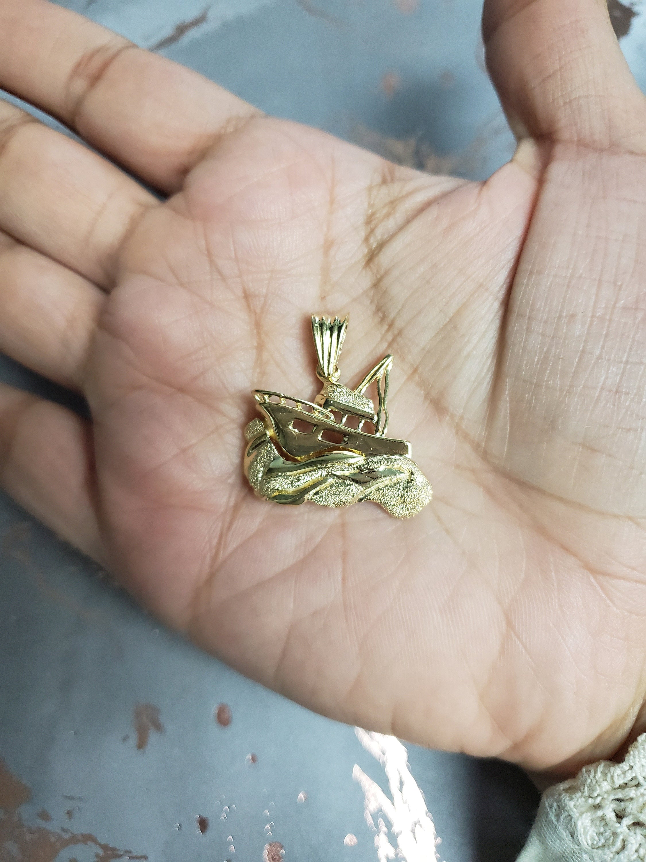 14k Yellow Gold Sand Texture Boat Necklace - Elegant Nautical Jewelry for Beach Weddings, Vacations & Summer Outfits