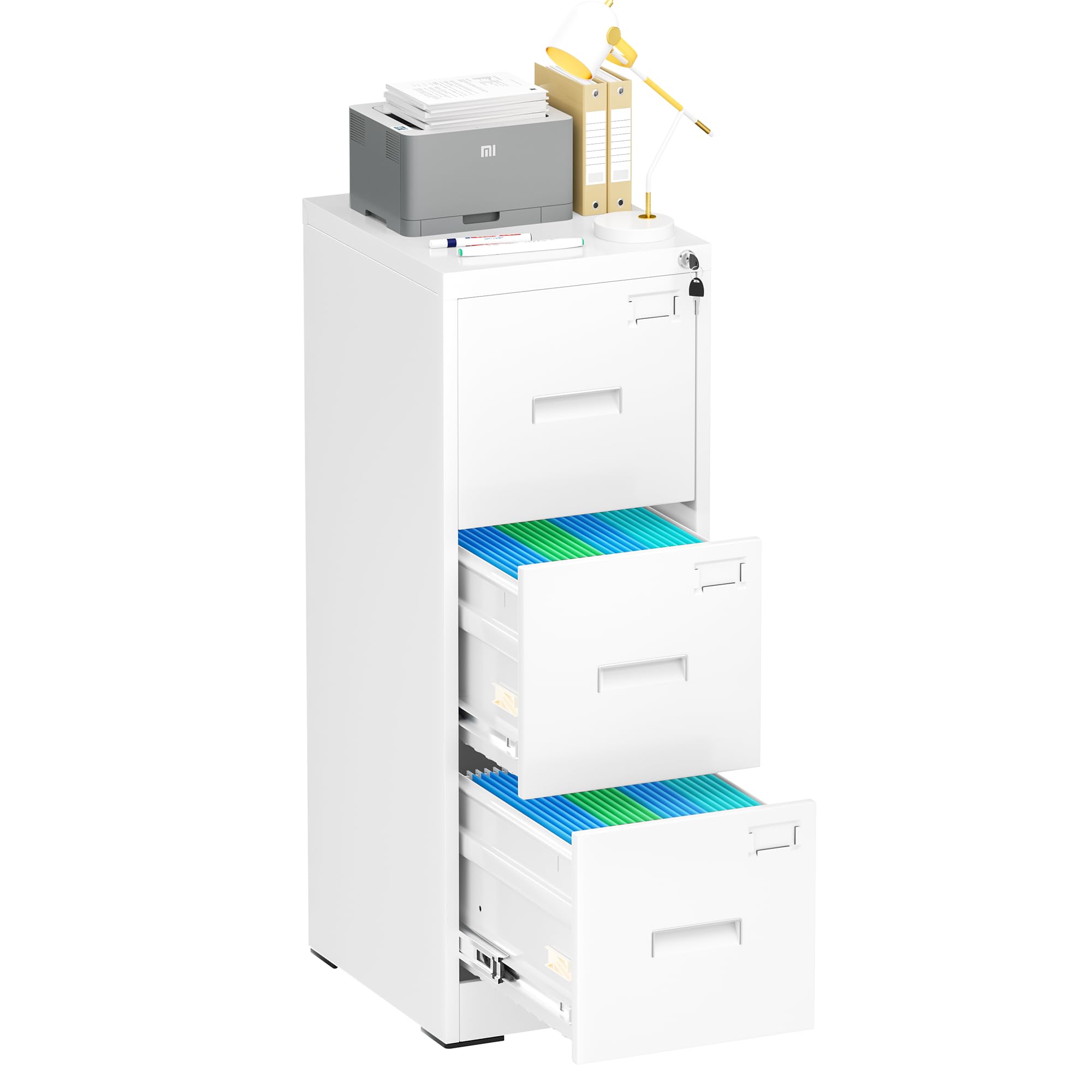 Bonusall 3-Drawer Vertical File Cabinet with Lock - Metal Office Filing Cabinet for Legal/Letter Size Documents, White | Secure Storage for Home & Office Organization with Hanging File Rack