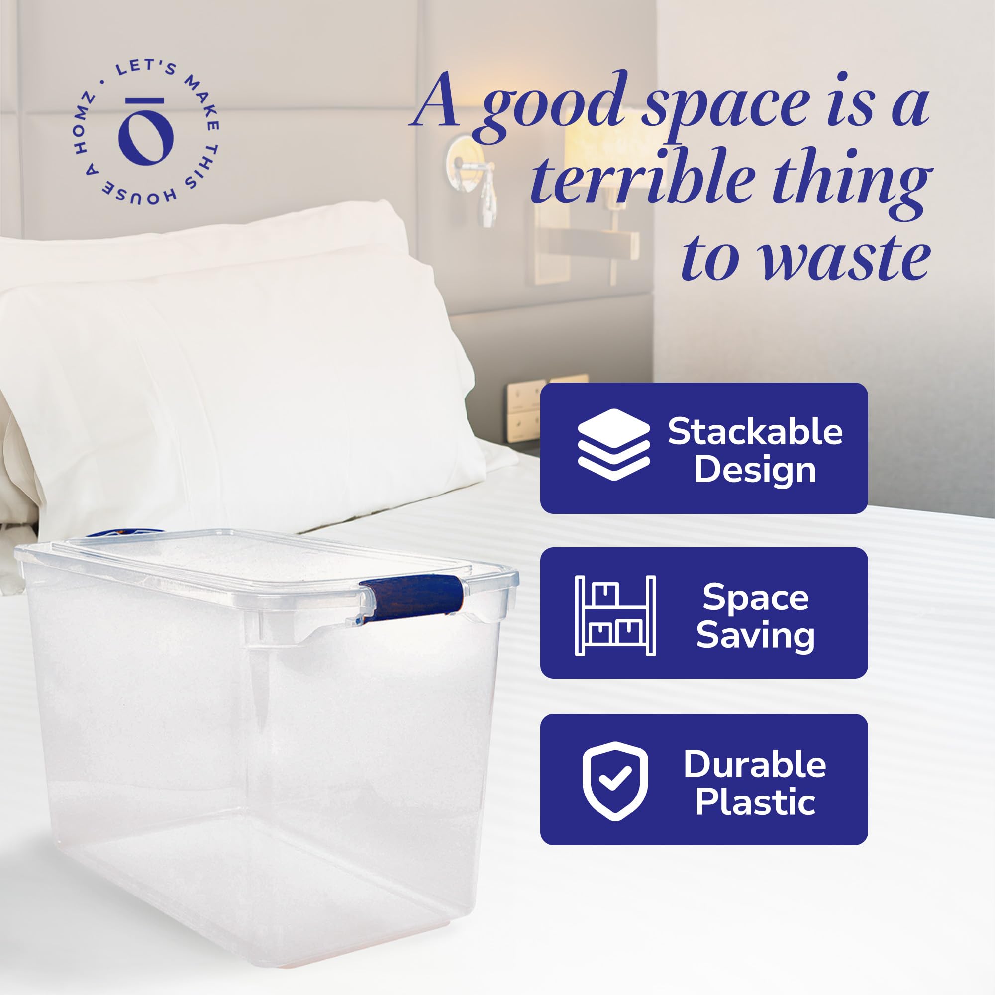 HOMZ 4-Pack 112 Quart Clear Plastic Storage Bins with Secure Blue Latches - Stackable Organizer Containers for Home, Office, Closet & Garage Organization